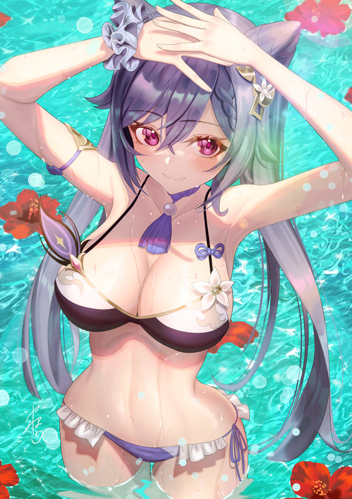 1girls, barely contained, big breasts, bikini, blush, breasts, female, genshin impact, keqing (genshin impact), midriff, purple eyes, purple hair, swimsuit, thighs, twintails, yawaharan