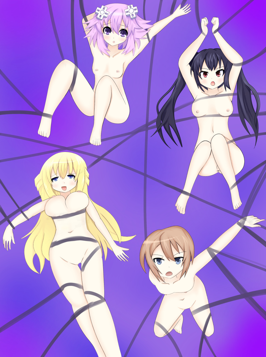 4girls anus barefoot big_breasts black_hair blanc blonde_hair blue_eyes breasts brown_hair color cpu_(neptunia) d-pad d-pad_hair_ornament feet female female_only flat_chest goddess hair_ornament long_hair medium_breasts mouth_open multiple_girls naked neptune_(neptunia) neptunia_(series) nipples noire nude nude_female open_mouth purple_eyes purple_hair red_eyes ribbon short_hair short_purple_hair simple_background small_breasts tentacles toes twintails ultraartu vert video_games