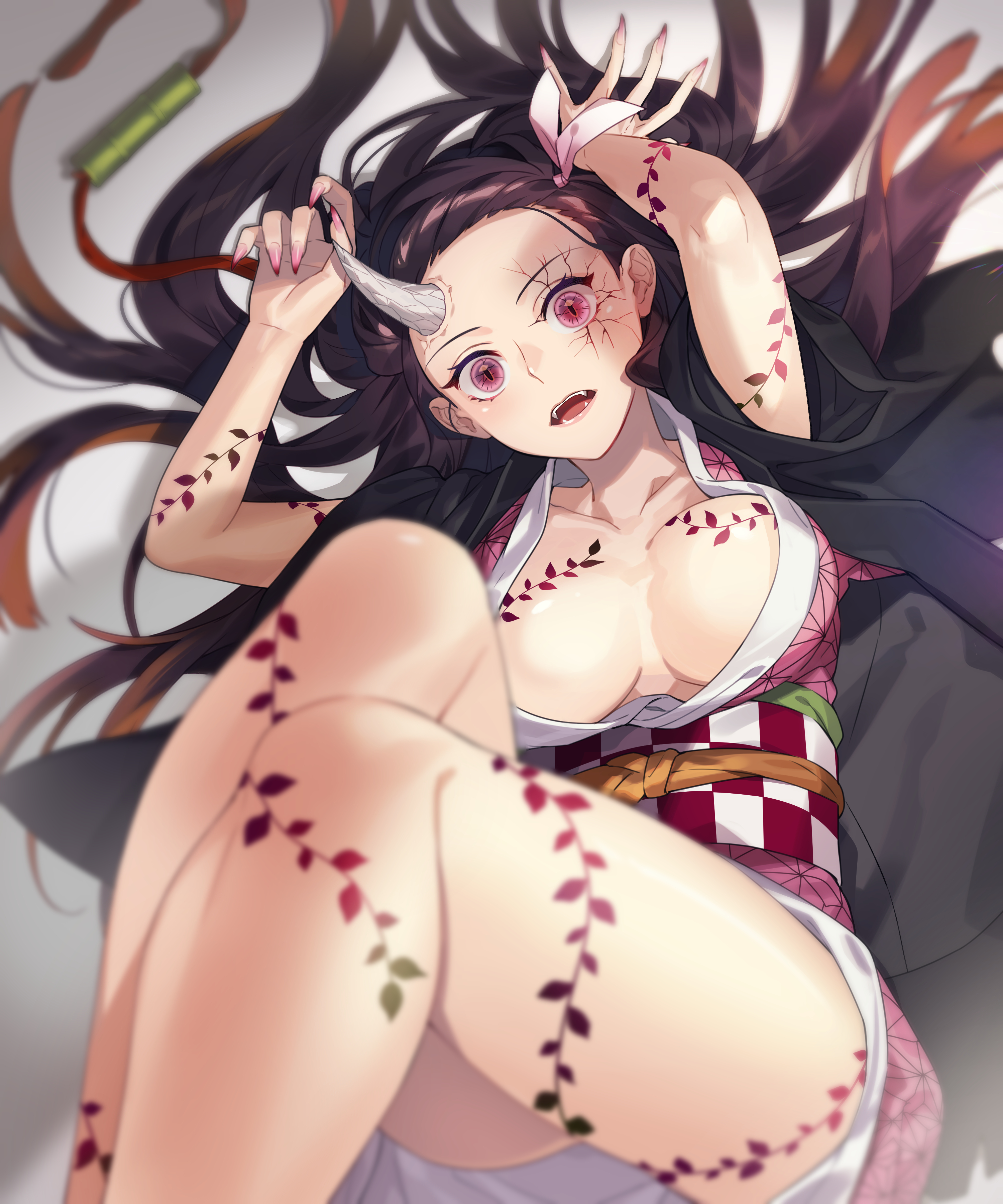 1girls, aged up, big breasts, black hair, black-haired female, body markings, breasts, dark hair, demon, demon girl, demon slayer, fangs, female, female only, gag bondage, gag removed, hair ribbon, haori, horn, kamado nezuko, kimetsu no yaiba, kimono, long hair, looking at viewer, nezuko (demon form), no bra, obi, on back, open kimono, open mouth, pink eyes, sharp fingernails, slit pupils, solo, two-tone hair, ujou, wide eyed
