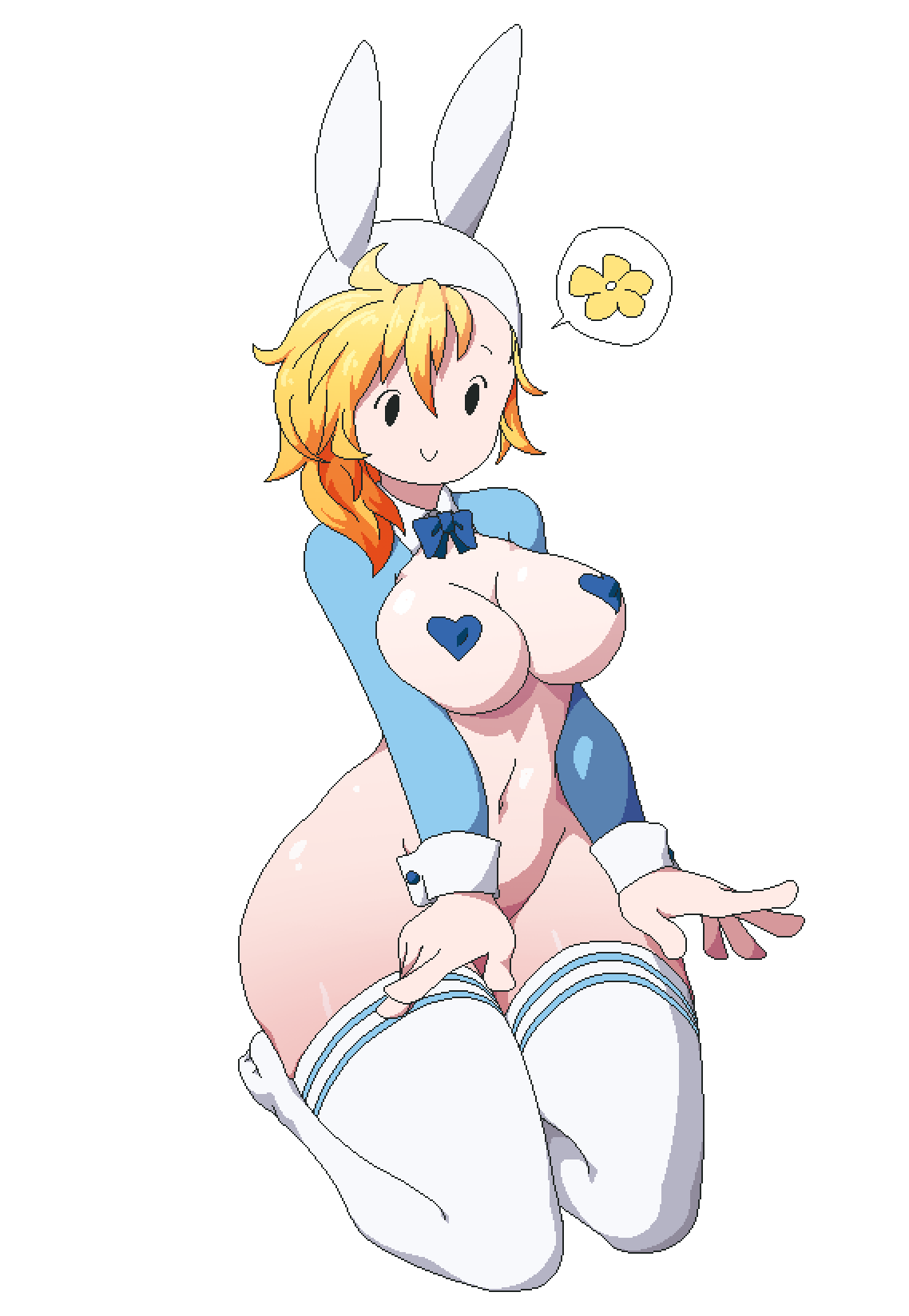 1girls adventure_time blonde_hair blue_bowtie bow bowtie breasts cartoon_network cleavage female female_only fionna_the_human_girl flower heart heart-shaped_pasties kneeling mob_face pasties simple_background stockings sub-neamo thick_thighs thighs white_background