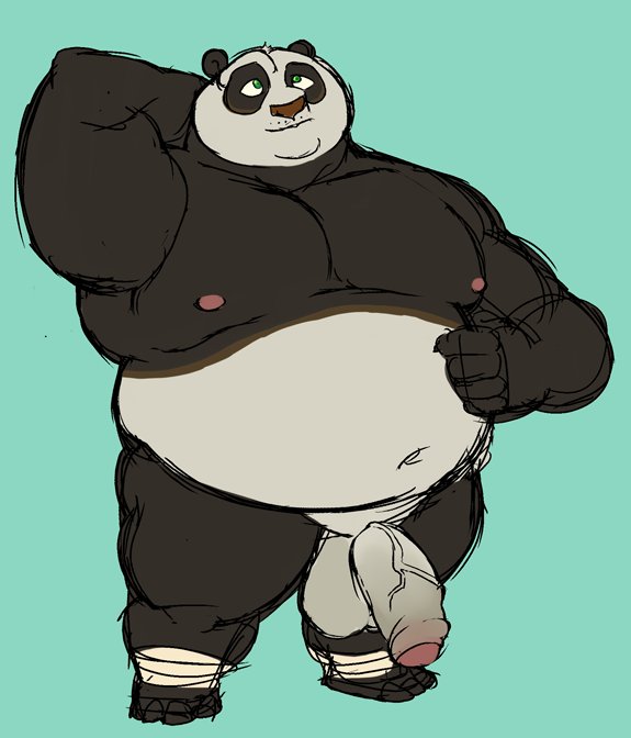 1boy 2021 anthro balls belly big_balls big_penis black_body blue_background dreamworks fat fat_man flaccid foreskin genitals giant_panda glans green_eyes humanoid_genitalia humanoid_hands humanoid_penis kung_fu_panda male male_only mammal master_po_ping moobs nipples obese obese_male overweight overweight_male partially_retracted_foreskin penis simple_background solo uncut ursid white_body wkd