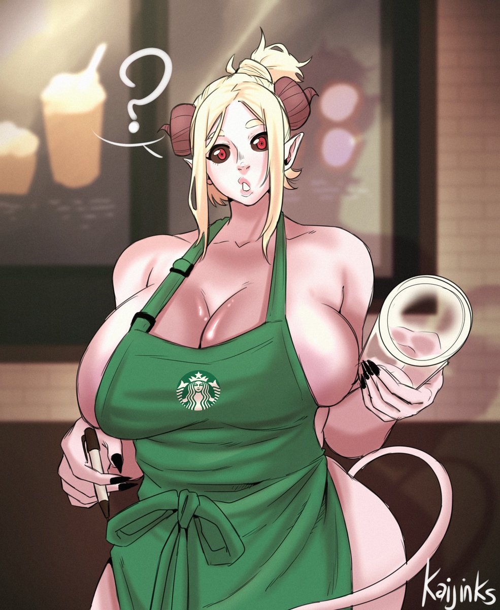 blonde hair, breasts, busty, demon, demon girl, female, female focus, female only, horns, hourglass figure, iced latte with breast milk, kaijinks, meme, pink skin, red eyes, solo, starbucks, tagme, tail, wide hips