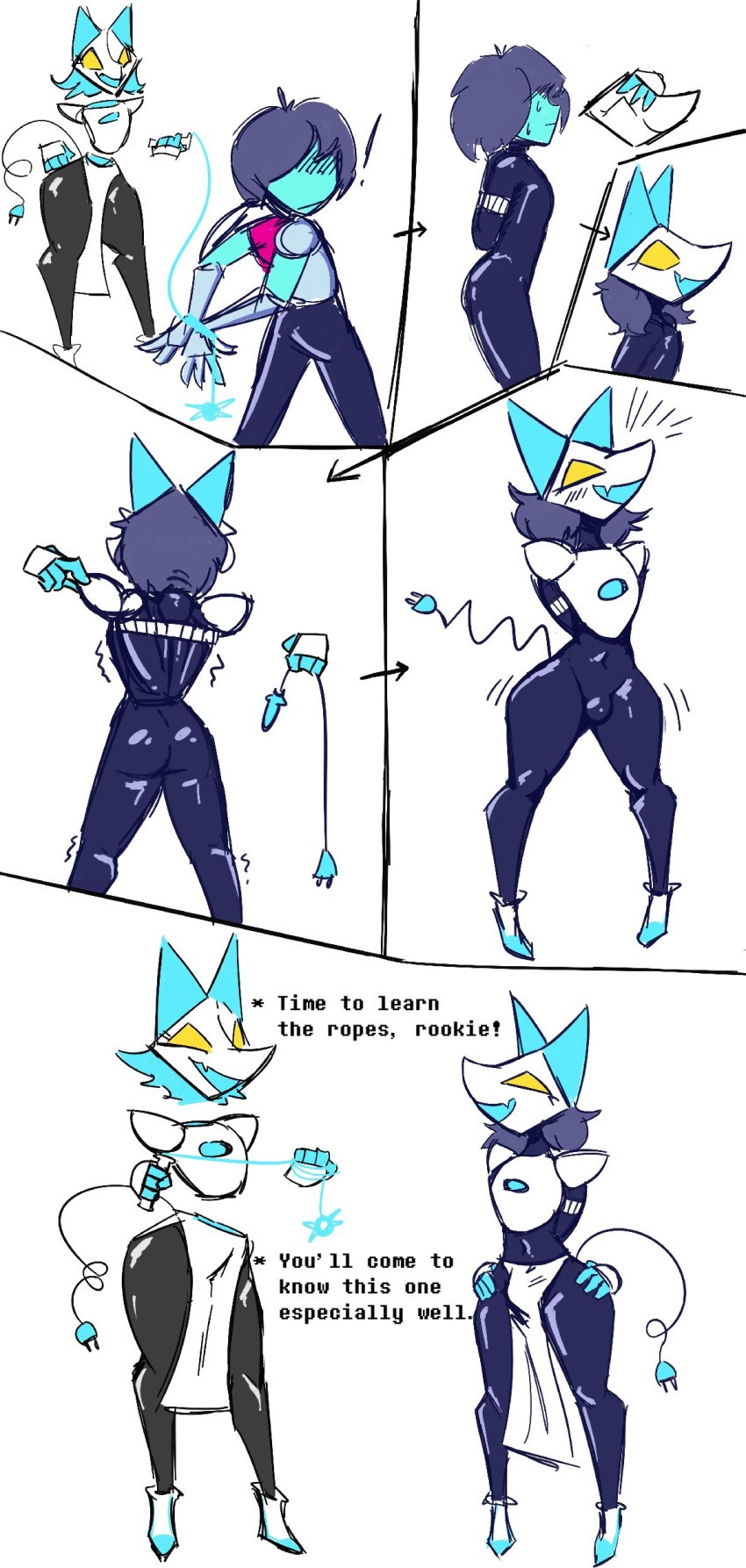 anal_insertion bondage bondage_outfit deltarune drone droneification dunnhierdraws edit femboy furry kris_(deltarune) latex male mask robot rookie tasque_manager_(deltarune) transformation whip