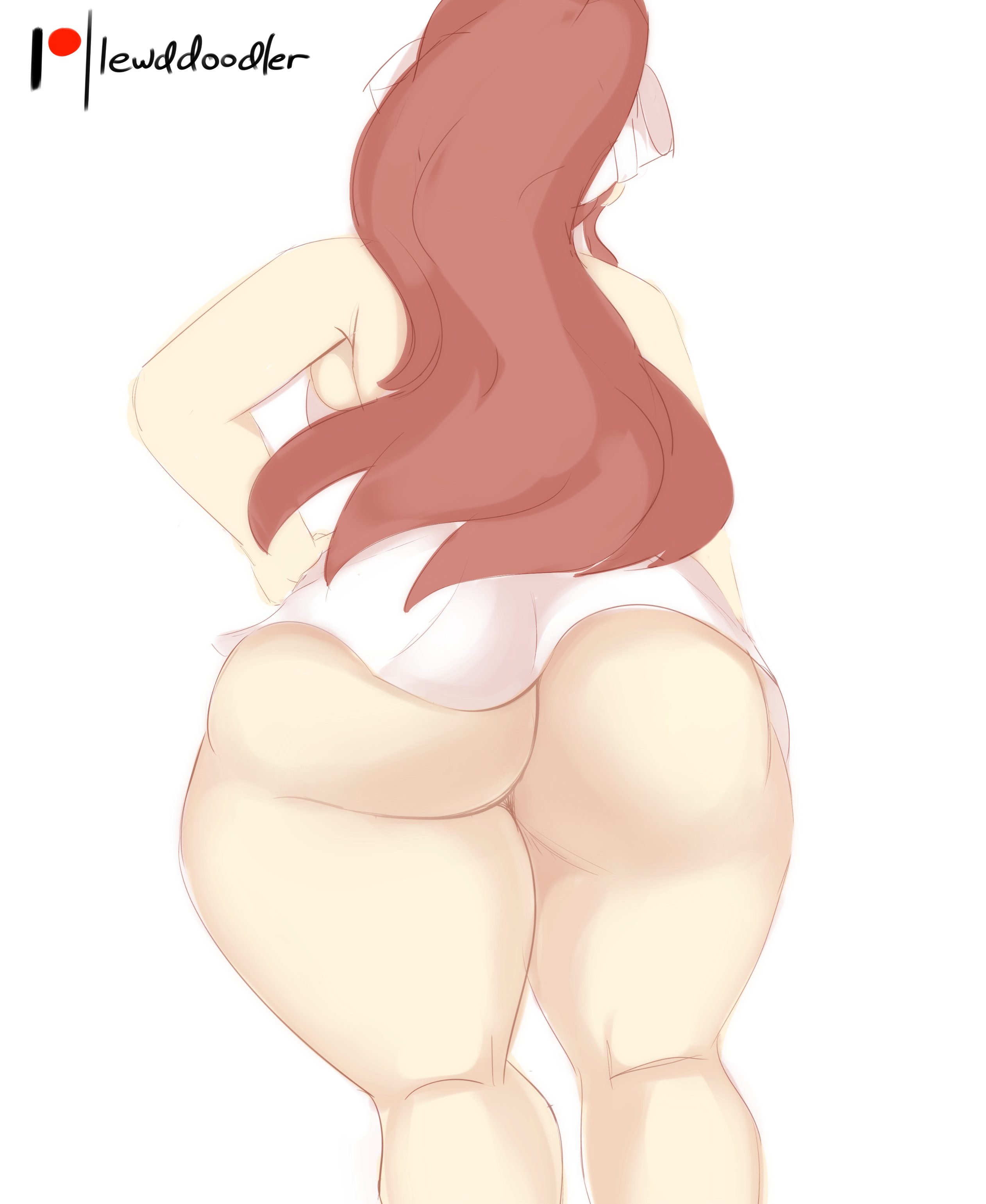 1girls, ass, back view, big ass, big butt, doki doki literature club, dress, female, hair ribbon, hand on hip, huge ass, huge butt, hyper, lewddoodler, long hair, minidress, monika (doki doki literature club), solo, standing, thick thighs, thighs, voluptuous, white background, wide hips