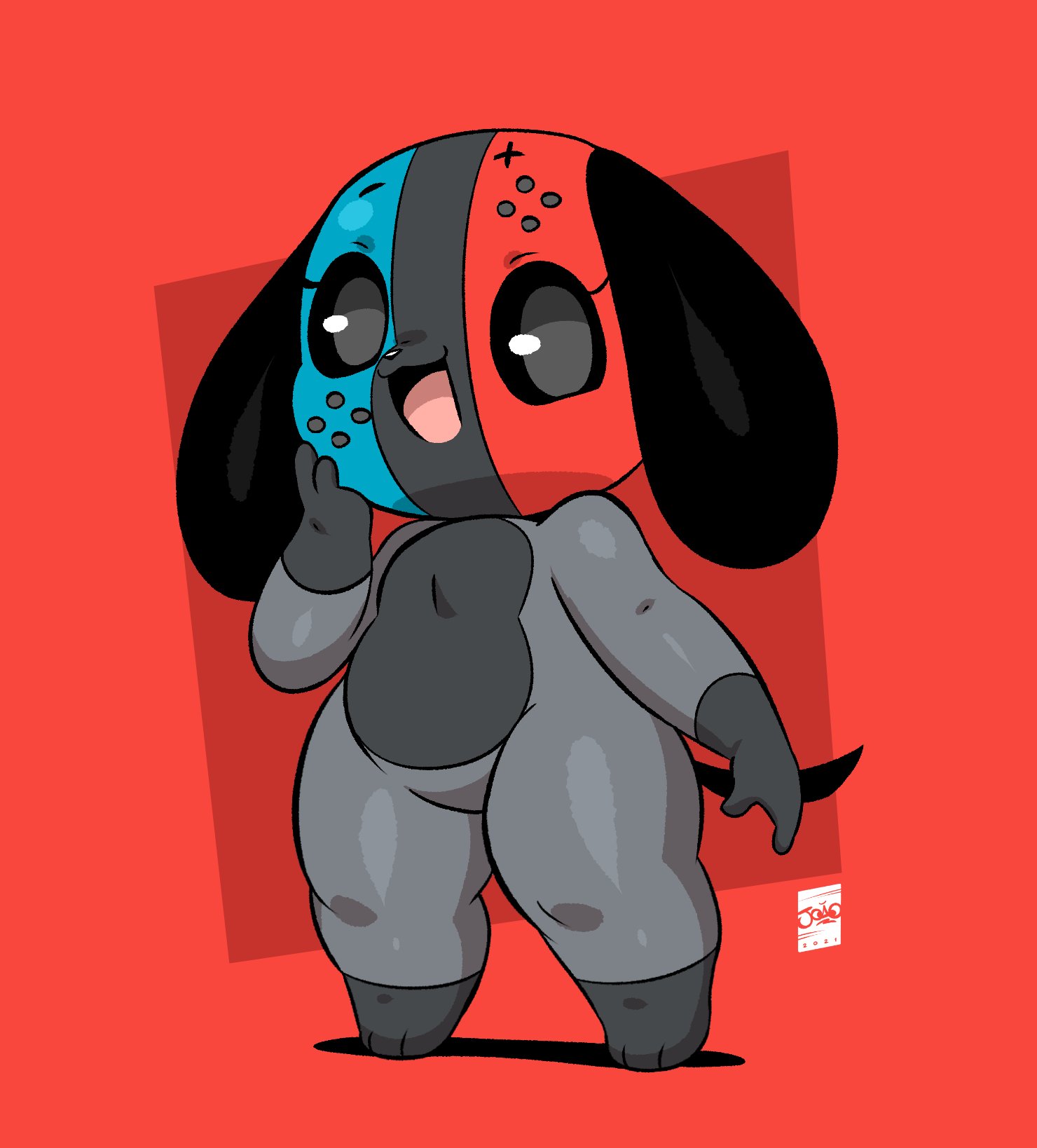 2021, adorable, ambiguous gender, animate inanimate, anthro, canid, canine, chubby, chubby female, cute, cute face, eyelashes, feet, female, female only, grey body, grey skin, hand on cheek, happy, happy face, hi res, joaoppereiraus, looking at viewer, mammal, nintendo, nintendo switch, open mouth, open smile, overweight, overweight female, red background, shortstack, signature, simple background, small nose, smile, smiling, smiling at viewer, solo, solo female, standing, switch dog, switchy (joaoppereiraus), thick thighs, video games