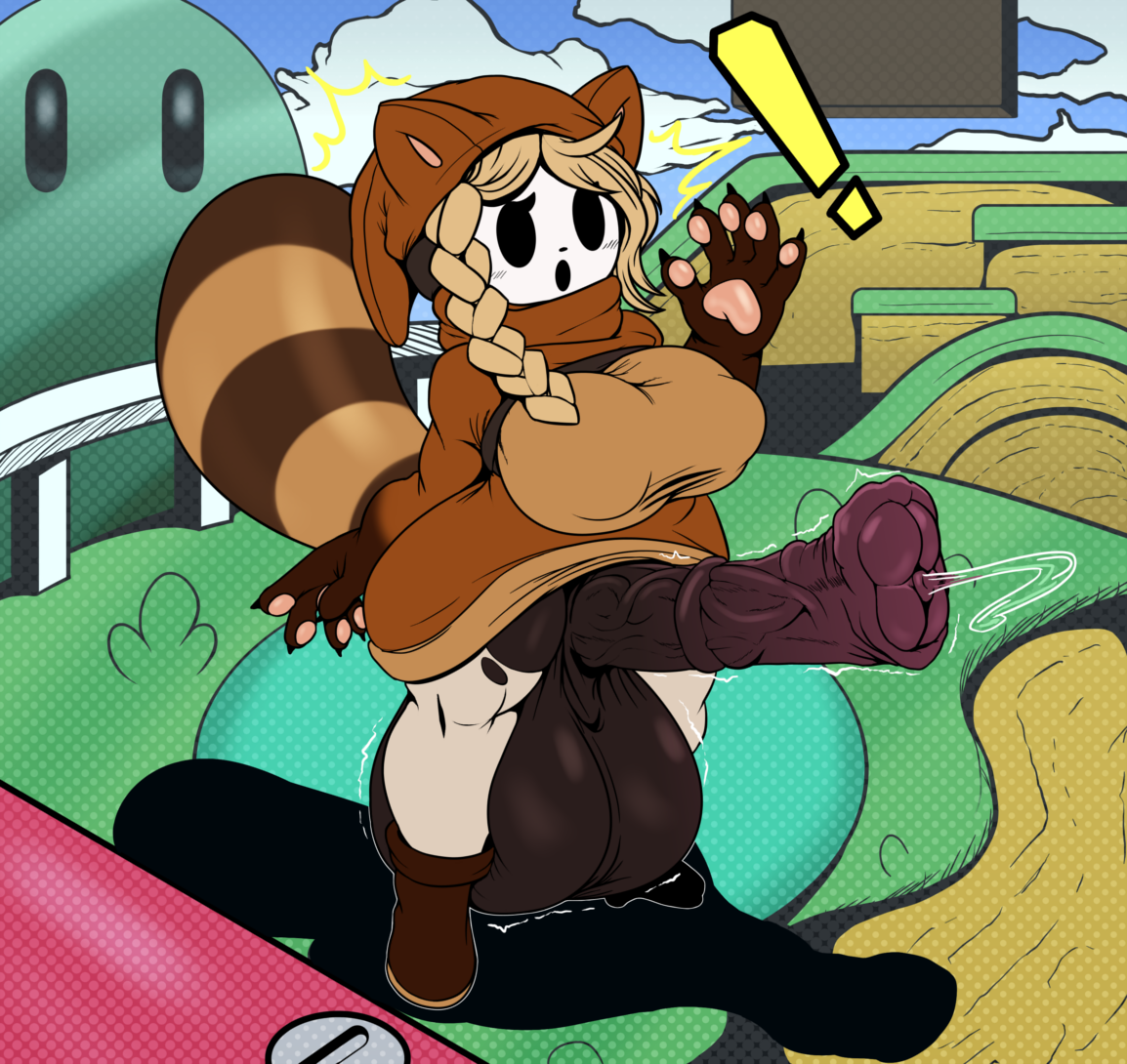 1futa, animal genitalia, animal humanoid, animal penis, anthro, balls, big balls, big breasts, big penis, blonde hair, bodily fluids, breasts, brown clothing, canid, canid humanoid, canine, canine humanoid, claws, clothing, dark body, dark skin, empty eyes, equine penis, futa only, futanari, genital fluids, genitals, hair, hoodie, horsecock, horsecock futa, huge balls, huge breasts, huge cock, humanoid, hybrid, hyper, hyper balls, hyper genitalia, hyper penis, ineffective clothing, intersex, leggings, legwear, mammal, mammal humanoid, mario (series), mask, nintendo, pawpads, penis, pink pawpads, plundered, precum, precum string, shortstack, shy gal, small but hung, solo, standing, super mario 3d world, super mario bros., tanooki suit, tanuki balls, teapot (body type), thick thighs, thigh highs, topwear, video games, wide hips