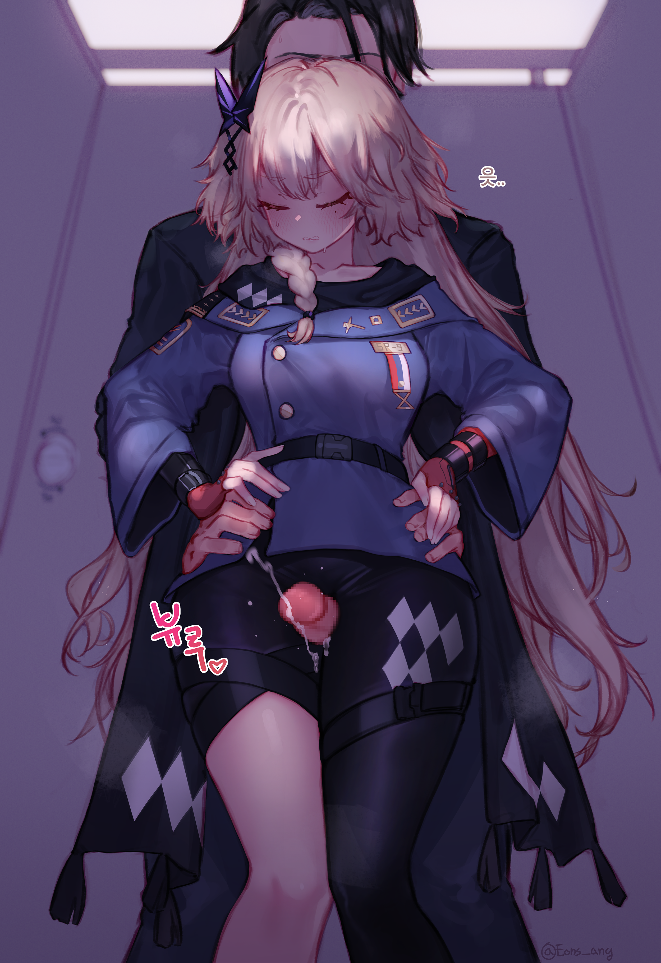 1boy, 1girls, blonde hair, blush, braid, censored, closed eyes, clothed, clothed sex, clothing, cum, eonsang, female, girls' frontline, hair ornament, long hair, male, sp9 (girls' frontline), standing, text, thick thighs, thigh sex, translation request