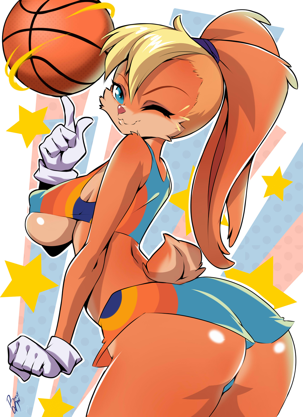 accessory, alternate version at source, anthro, ass, ball (object), basketball, basketball (ball), basketball uniform, bayeuxman, biped, blonde female, blonde hair, blue eyes, bottomwear, breasts, bunny, bunny ears, bunny girl, bunny tail, clothing, female, female only, fur, gloves, hair, hair accessory, hair tie, handwear, hi res, lola bunny, looking at viewer, looking back, looney tunes, nipple outline, one eye closed, red body, red fur, shorts, side view, solo, solo female, under boob, warner brothers, wink