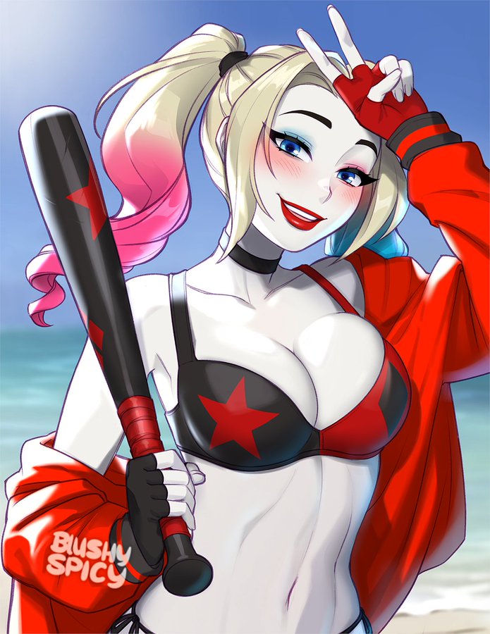 1girls, 2d, 2d (artwork), abs, artist name, athletic, athletic female, bat, batman (series), beach, bikini, blonde female, blonde hair, blue eyes, blue hair, blushing, blushypixy, blushyspicy, choker, clothed, clothed female, dc, dc comics, dcau, female, female only, g-string, harleen quinzel, harley quinn, harley quinn (series), jacket, jacket partially removed, looking at viewer, multicolored hair, navel, pink hair, red lipstick, smile, smiling at viewer, summer, sun, swimsuit, swimwear, thong, thong bikini, toned, twintails, v, v sign, white skin, white-skinned female