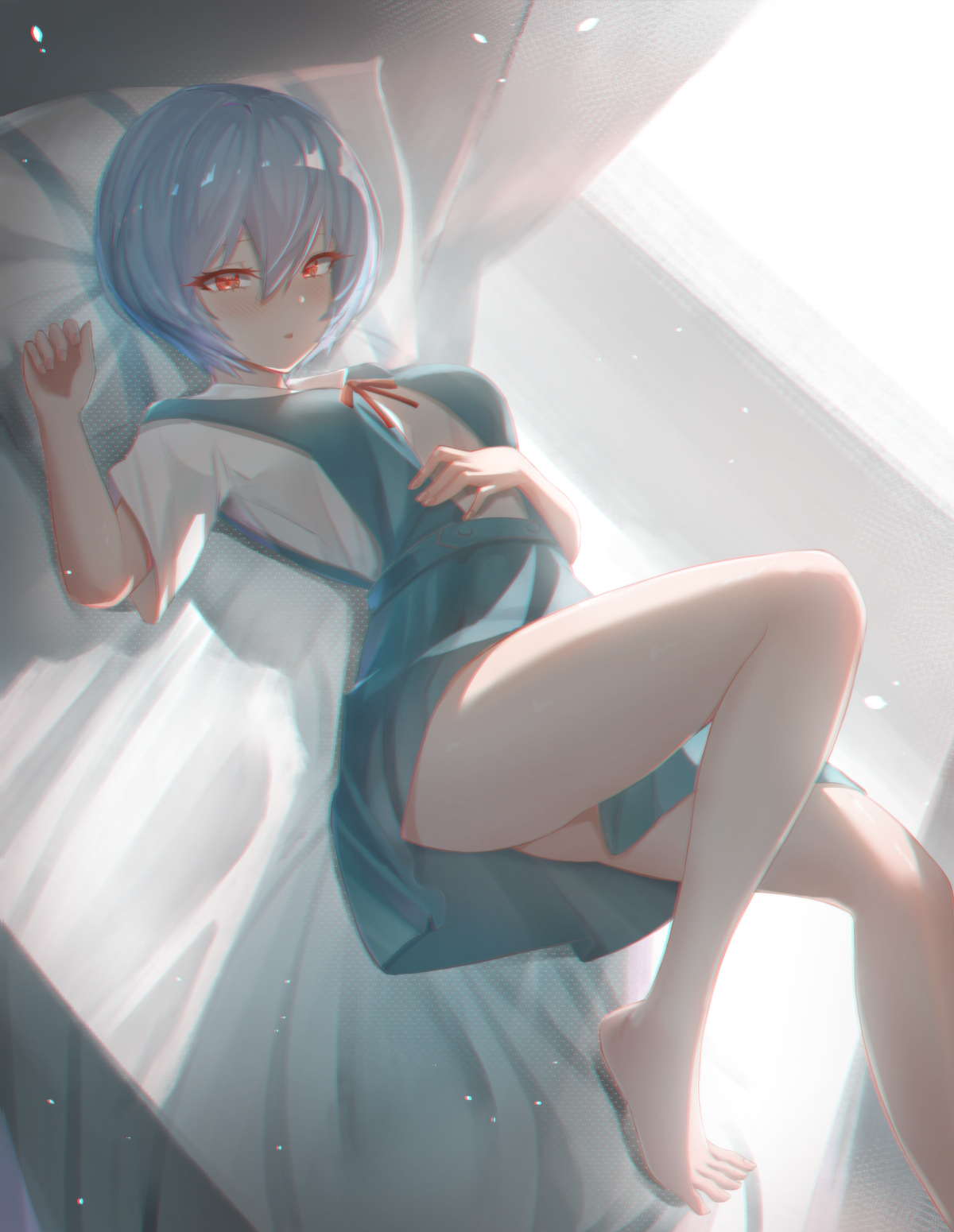barefoot, blush, clothing, female, legs, neon genesis evangelion, rei ayanami, school uniform, skirt, sole female, solo, thighs