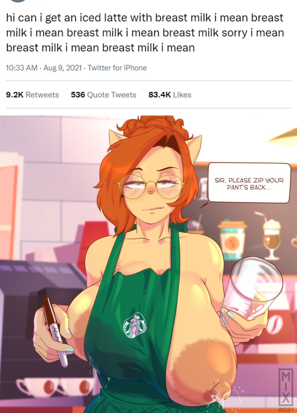 anthro apron big_areola big_breasts big_nipples breasts busty female female_focus female_only glasses hourglass_figure huge_areolae huge_breasts huge_nipples iced_latte_with_breast_milk katrina_fowler lactating lactation large_breasts llmixll meme naked_apron solo starbucks_barista tagme topless waitress waitress_uniform wide_hips