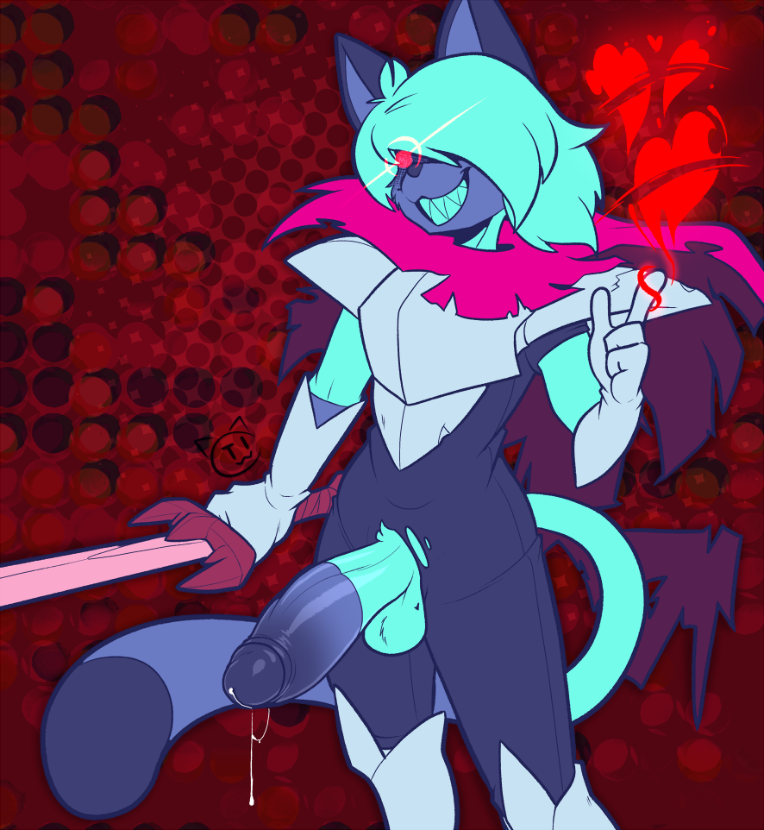 1boy anthro armor blue_fur blue_hair broken_heart cosplay deltarune dipstick_tail dotted_background erection evil_grin feline furry gloves glowing_eyes heart holding_weapon huge_penis kris_(deltarune) looking_at_viewer male male_focus percy_(teckworks) precum precum_drip red_eyes scarf sharp_teeth siamese smile standing sword teckworks testicles torn_clothes two_tone_fur uncensored undertale_(series)