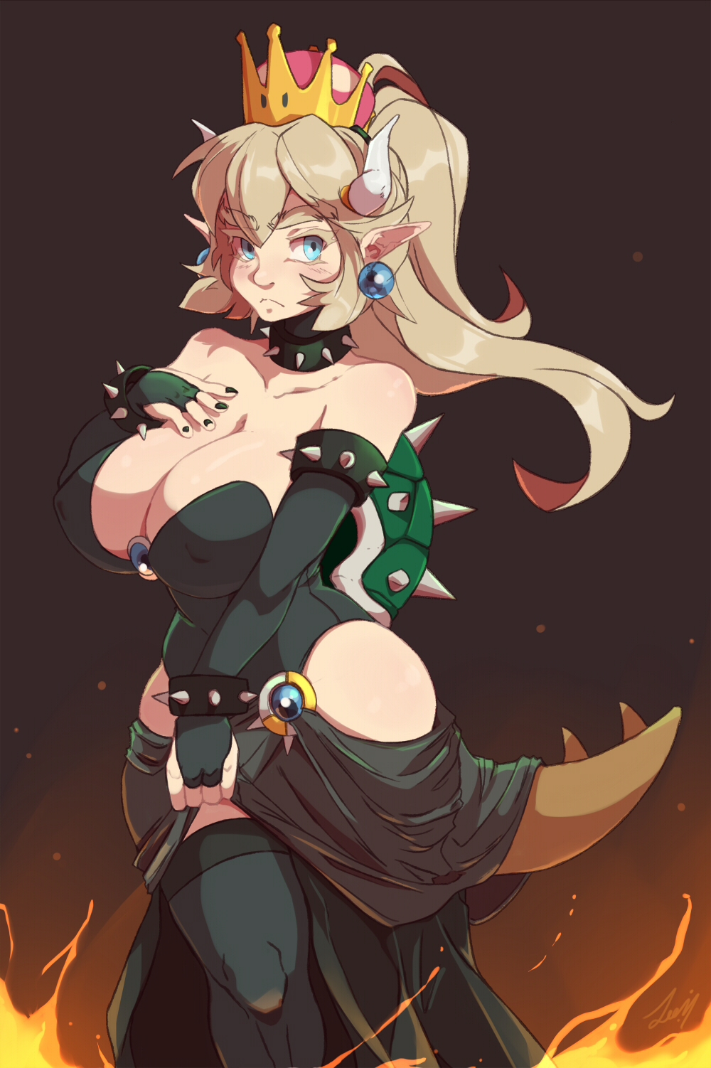 1girls arm_gloves armlet black_fingernails blonde_hair blue_eyes bowsette bracelet cleavage collar earrings female female_only hi_res horns leokingdom leotard light_blush long_hair looking_away mario_(series) new_super_mario_bros._u_deluxe nintendo nipple_bulge pointy_ears ponytail shell solo solo_female spiked_armlet spiked_bracelet spiked_collar spiked_shell stockings super_crown tail