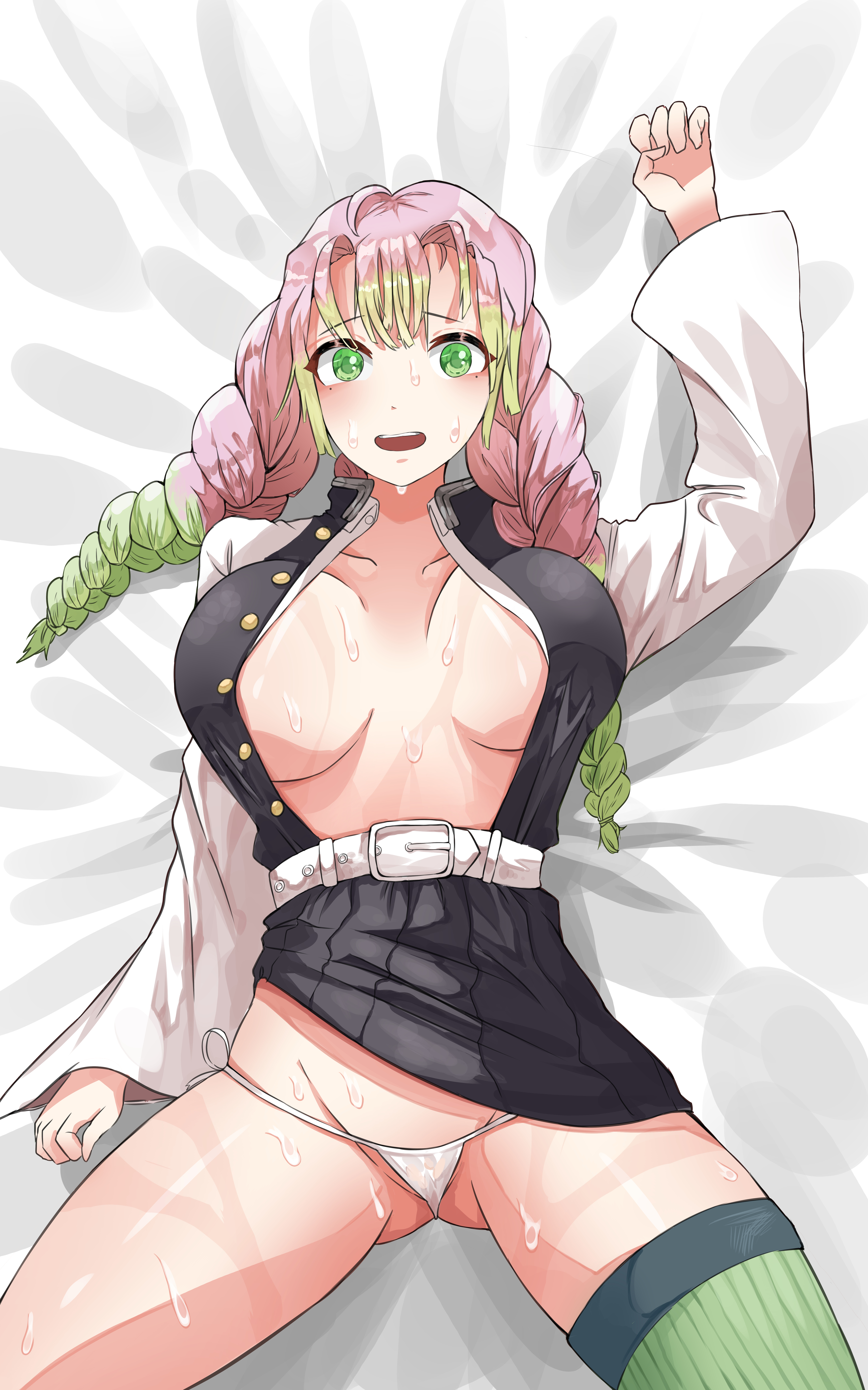 1girls, artist request, big breasts, braided hair, breasts, demon slayer, female, female only, forced, green eyes, haori, imminent rape, kanroji mitsuri, kimetsu no yaiba, looking at viewer, no bra, on back, open mouth, open shirt, pink hair, pink-haired female, restrained, skirt up, solo, sweat, thighhighs, thong, two-tone hair, unbuttoned shirt, wet, white thong, white underwear, wide eyed