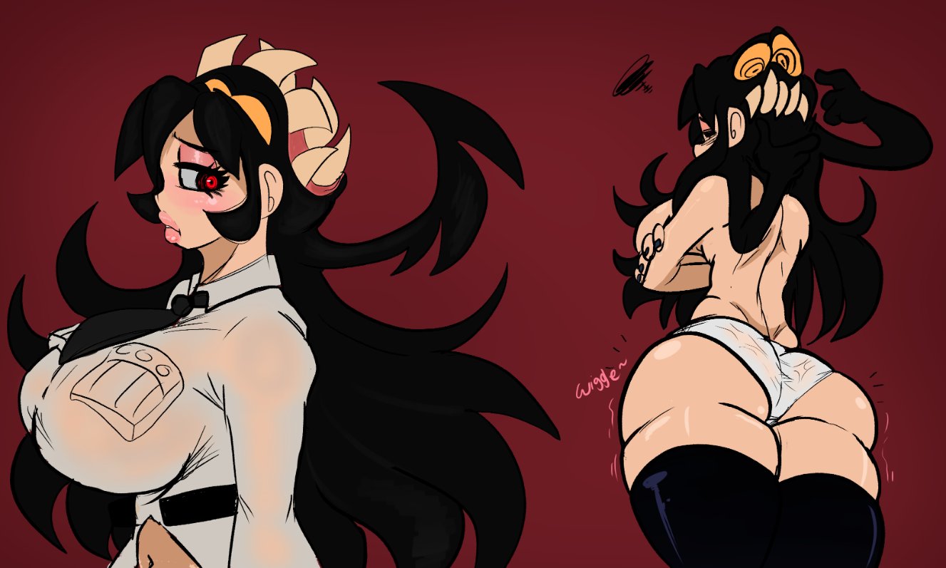 1boy, 1girls, 2021, 5 fingers, ass, big ass, big breasts, black hair, black tie, blush, blushing, breasts, cute, duo, fat ass, female, filia (skullgirls), hi res, huge ass, lemonadepikachu, long hair, male, panties, questionable consent, red eyes, samson (skullgirls), sharp teeth, skullgirls, tagme, tie, topless, topless female, underwear, white panties, yellow eyes, zettai ryouiki