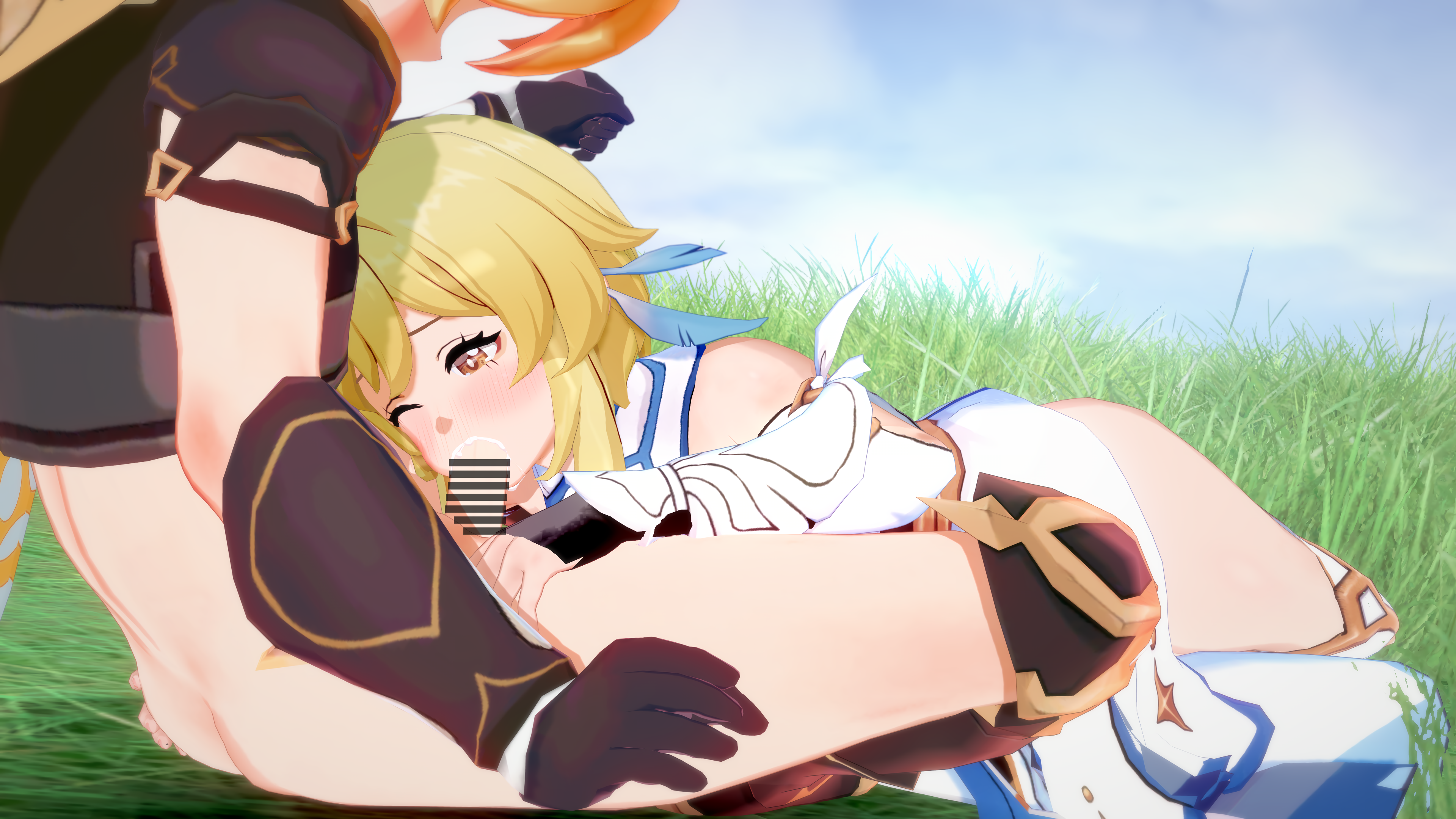 1boy, 1girls, 3d, 4k, aether (genshin impact), amber eyes, blonde hair, blush, bottomless, brother and sister, censor bar, censored, clothed, clothed female, clothing, cum, cum in mouth, fellatio, female, genshin impact, hoyoverse, incest, koikatsu, lumine (genshin impact), male, mihoyo, one eye closed, oral, outdoors, outside, partially clothed, short hair, tagme, twins