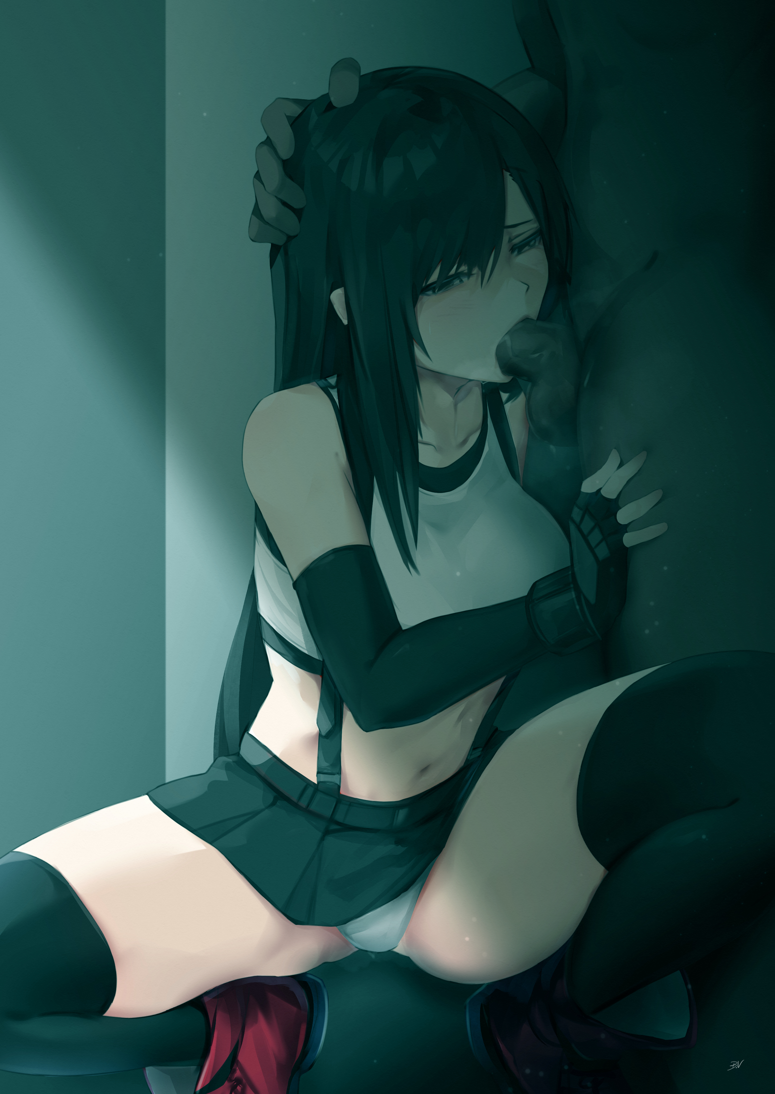 bee doushi, cheating, dark room, deepthroat, fellatio, female, final fantasy, final fantasy vii, netorare, oral, panties, throat bulge, tifa lockhart, underwear, upskirt, white panties