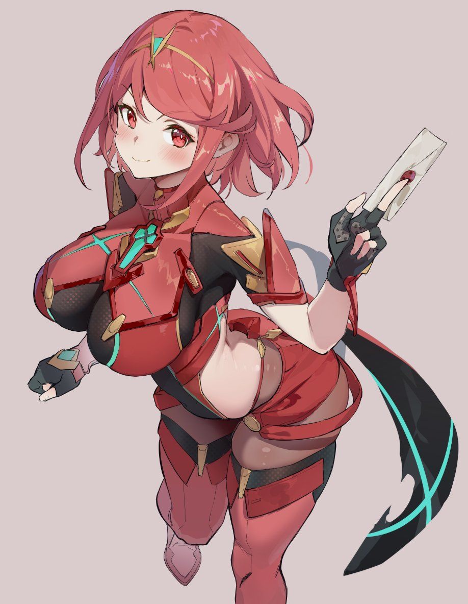 1girls, breasts, female, feng9405, gloves, large breasts, pyra, red eyes, red hair, short hair, short shorts, shorts, solo, super smash bros., thighhighs, xenoblade (series), xenoblade chronicles 2
