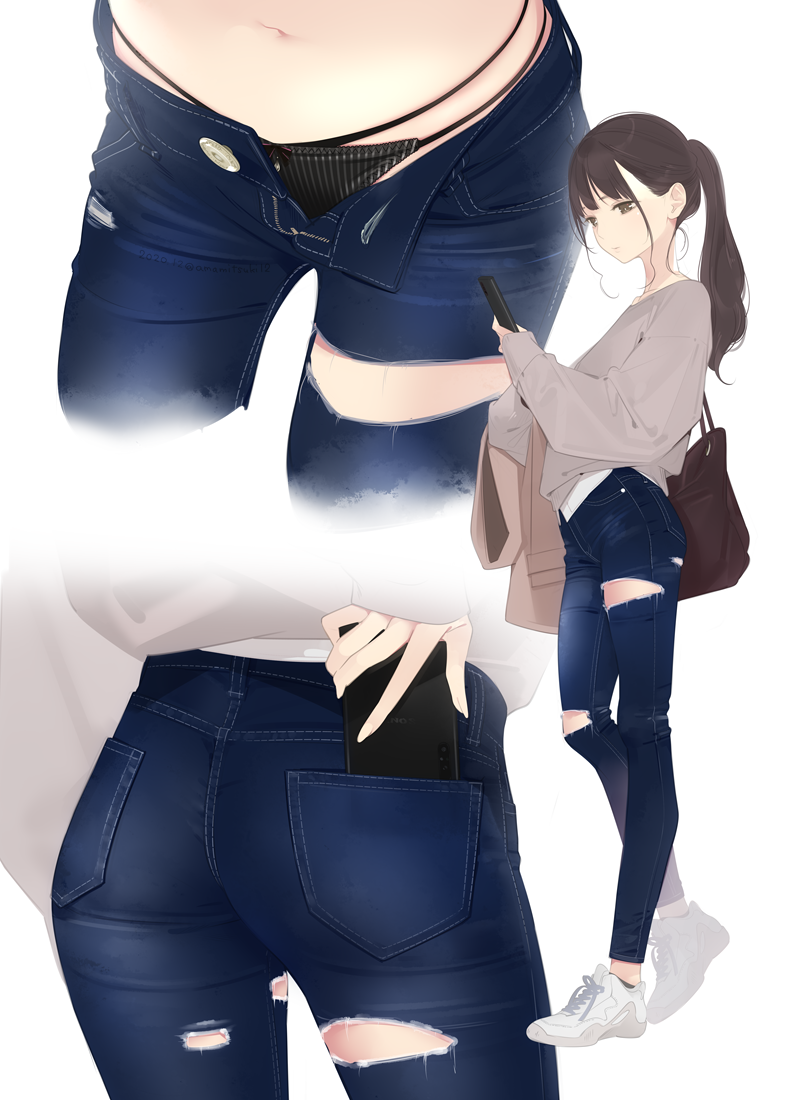 ama_mitsuki ankle_socks anklehighs axfa clothed female grey_socks jeans open_pants panties phone ripped_jeans socks solo