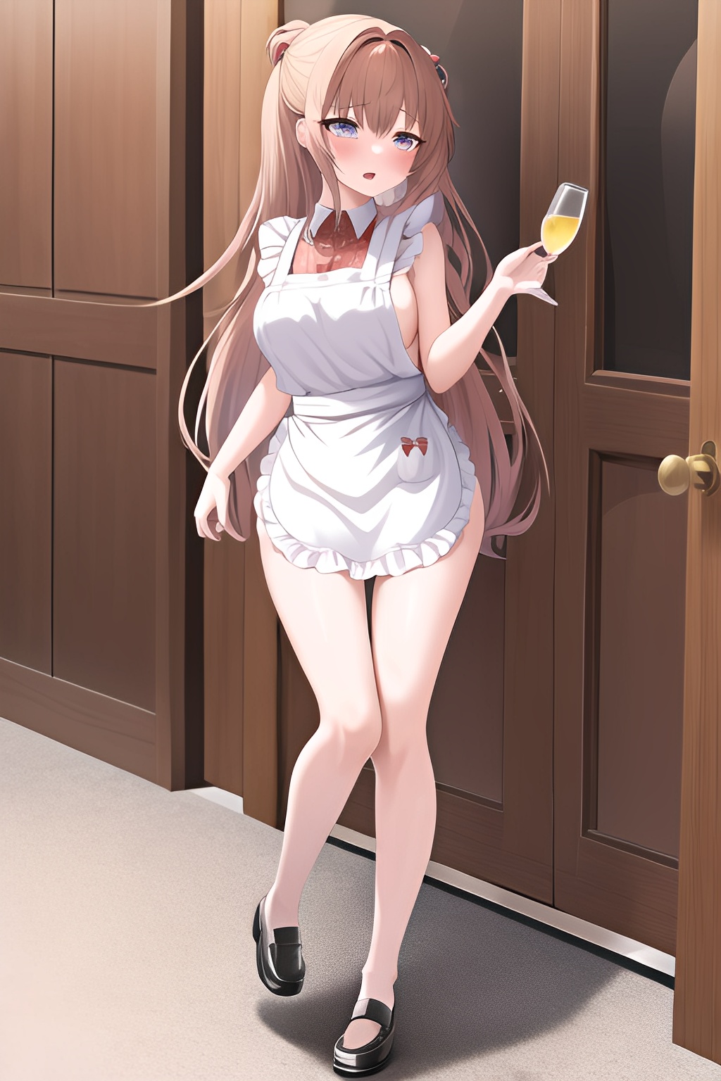 ai_generated blue_eyes brown_hair cant_walk_straight drunk long_hair naked_apron petite sideboob thick_thighs wasted wasted_drunk