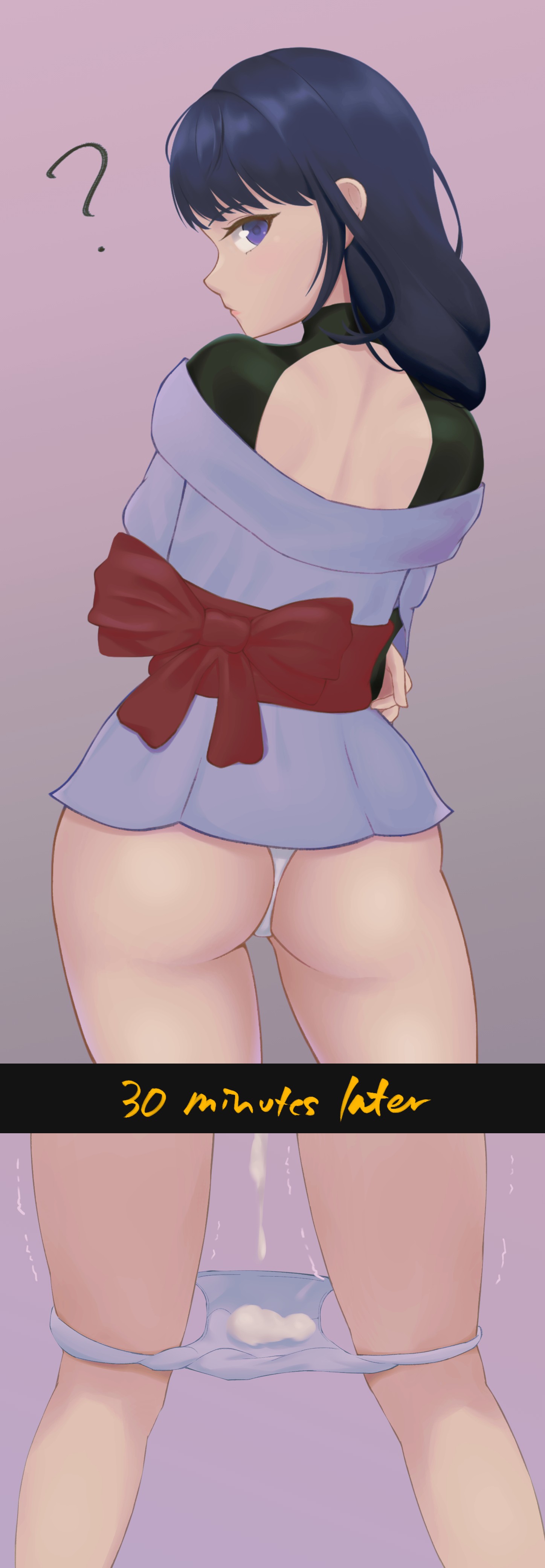 1girls, ass, bare legs, bare thighs, bent over, breasts, cum, cum drip, cum filled, cum in panties, cum in pussy, cum inside, cum overflow, cumdrip onto panties, draining, female, female focus, female only, from behind, genshin impact, huge ass, instant loss 2koma, japanese clothes, long hair, looking at viewer, nsfw oa, panties, panties around legs, panties down, purple eyes, purple hair, pussy, raiden shogun, skirt, thick thighs, thighs, underwear, vaginal penetration
