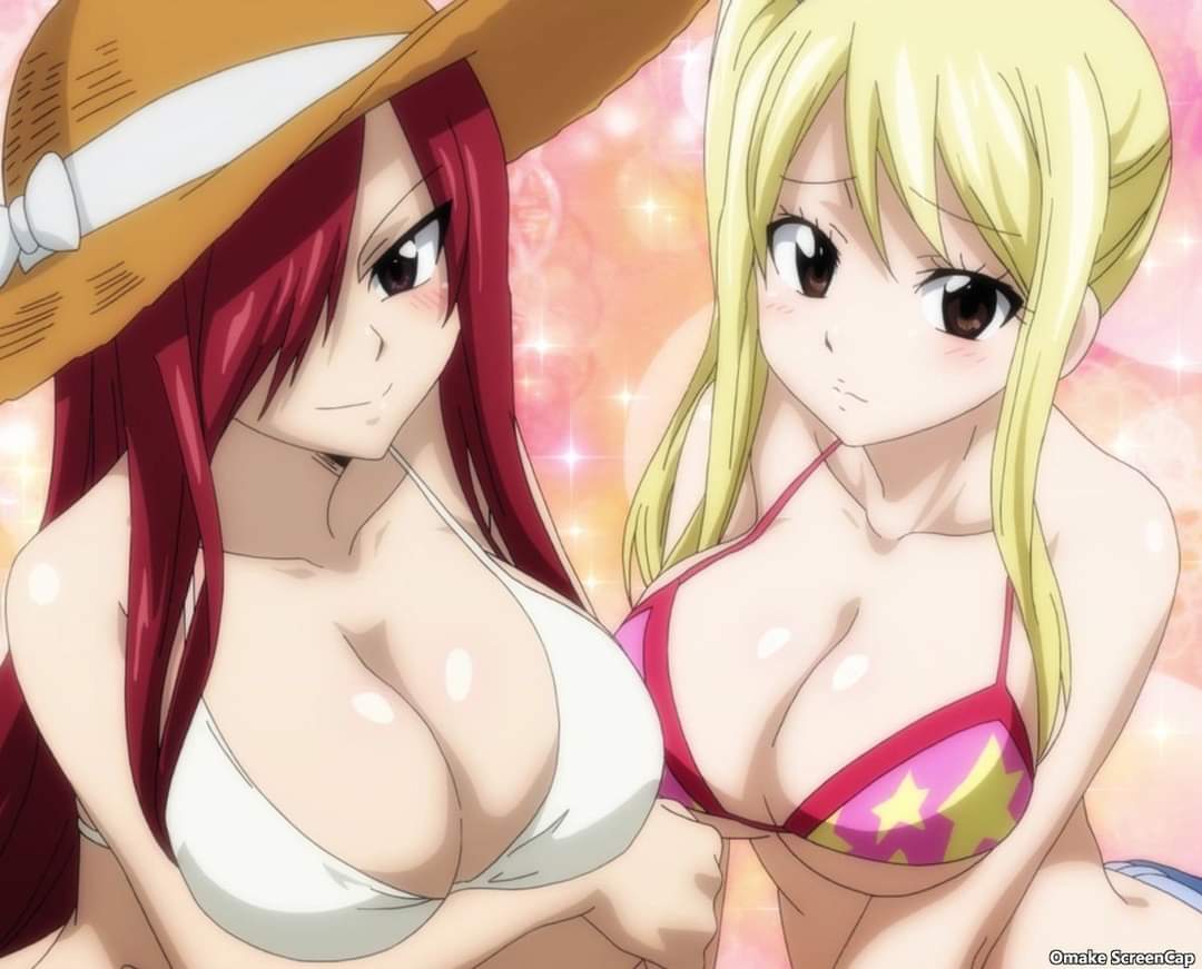 2girls, big breasts, bikini, blonde hair, blonde-haired female, breasts, erza scarlet, fairy tail, fat breasts, female, female only, flat belly, large breasts, lucy heartfilia, official art, red hair, red-haired female, screencap