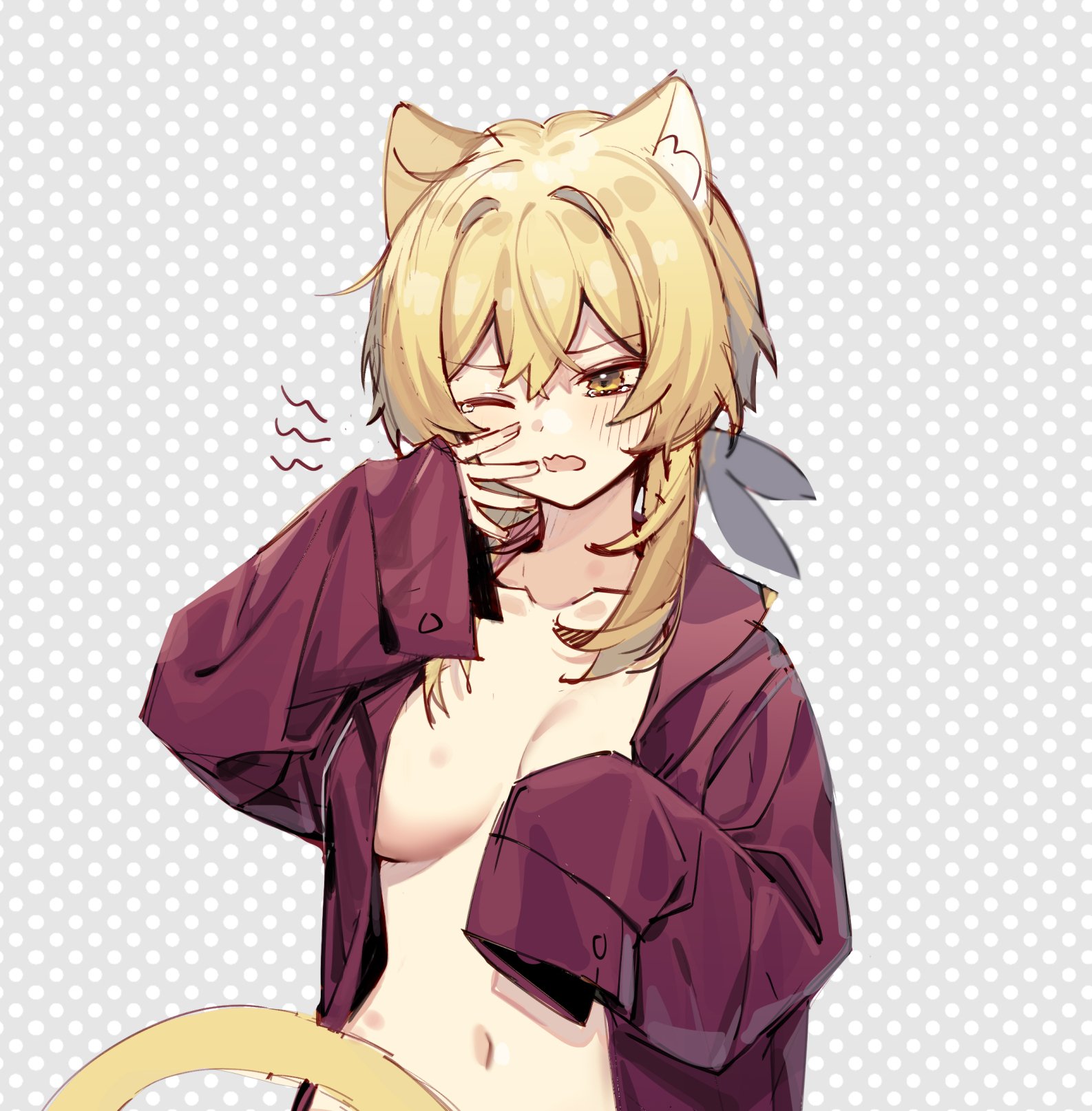 1girls, amber eyes, artist request, belly, blonde hair, breasts, cat ears, cleavage, collarbone, female, female focus, female only, genshin impact, lumine (genshin impact), medium breasts, morning after, partially clothed, sleepy