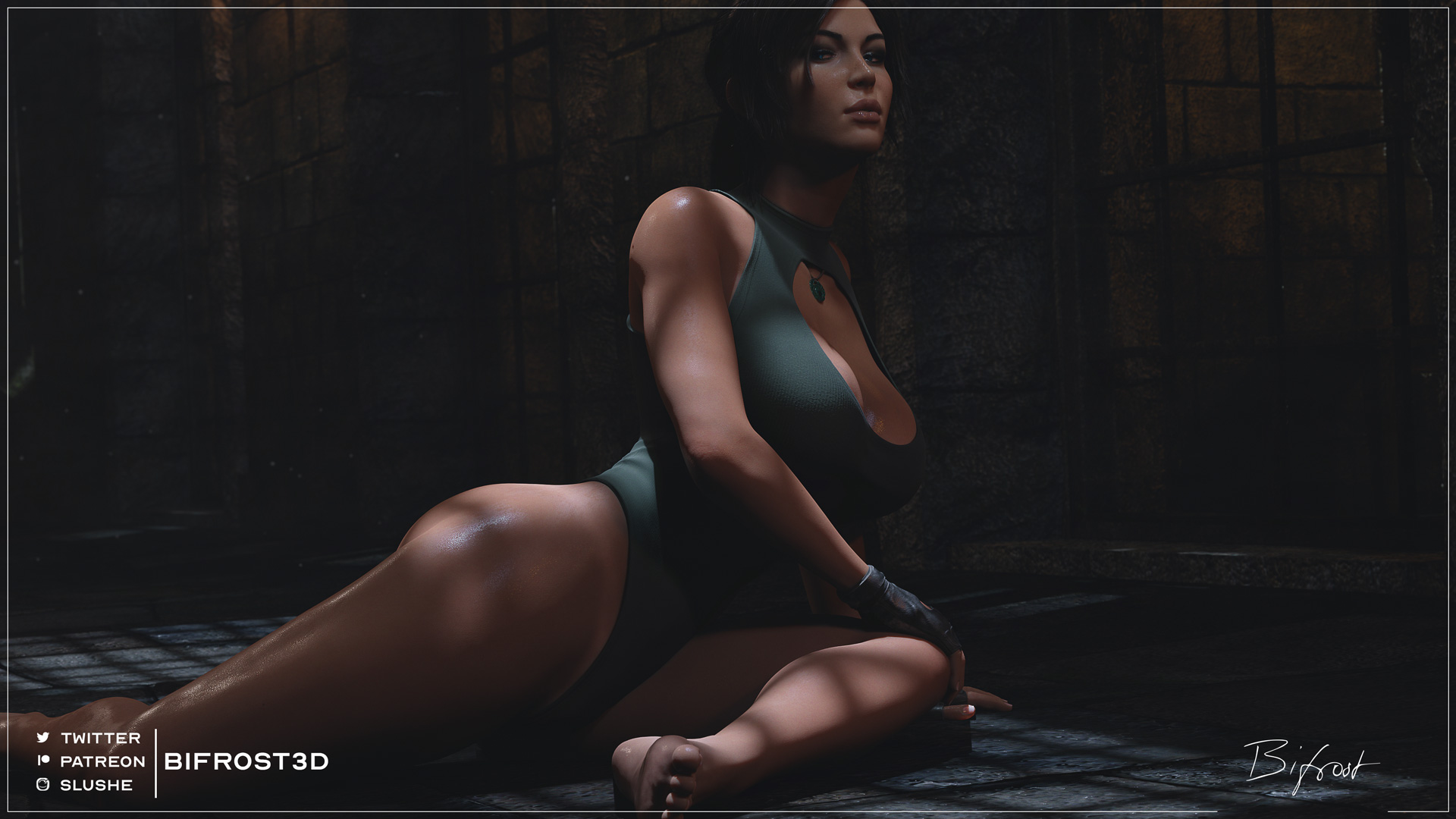 1girls, 3d, bifrost3d, big breasts, blender, breasts, cleavage, female, female only, lara croft, lara croft (survivor), large breasts, signature, solo, text, tomb raider, tomb raider (survivor)