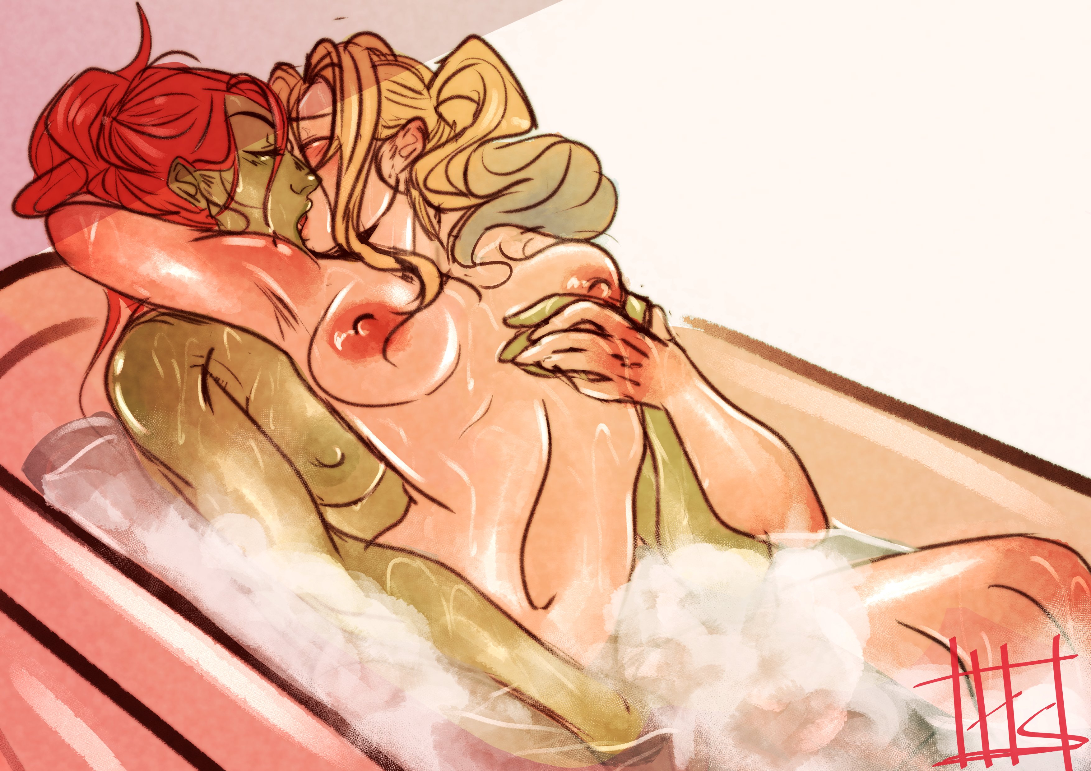 2d, 2girls, areolae, bath, bathtub, batman (series), blonde hair, blush, breast grab, breasts, bubble bath, canon couple, closed eyes, dc, dc comics, embrace, female, female only, fingering, fingering from behind, fingering partner, from behind, grabbing from behind, green skin, green-skinned female, groping, groping from behind, hair, harley quinn, holding, homuspicy, kissing, large areolae, light skin, light-skinned female, multiple females, multiple girls, nipples, nude, pamela isley, poison ivy, pussy, red hair, red nipples, romantic, rubbing pussy, shiny skin, signature, simple background, soap, twintails, water, wet, wet skin, white background, yuri