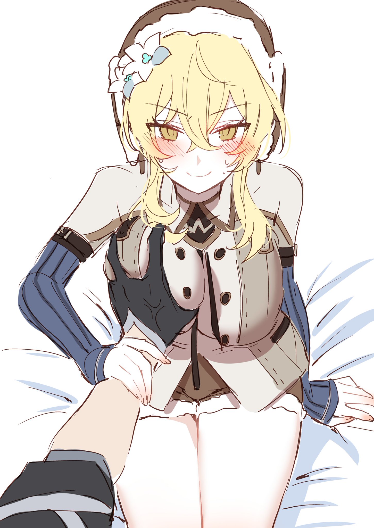 1boy, 1girls, adult, big breasts, blonde hair, breast grab, breast squeeze, breasts, childe (genshin impact), cosplay, deepinsiade, fanon couple, female, fondling, genshin impact, groping, guided breast grab, hoyoverse, lumine (genshin impact), male, mihoyo, squeezing breast, straight, tartaglia (genshin impact), thick thighs, thighs, yellow eyes