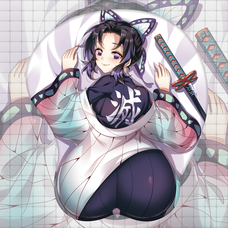 ass, ass focus, back view, backboob, big ass, black hair, blush, breasts, butterfly hair ornament, demon slayer, erspace, female, female only, fully clothed, haori, huge ass, kimetsu no yaiba, kochou shinobu, looking at viewer, looking back, mousepad, on stomach, purple eyes, smile, solo, sword, two-tone hair, wide hips