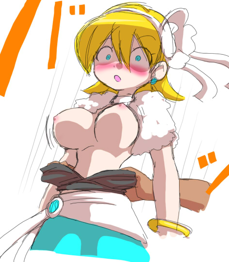 blonde_hair blue_eyes blush bouncing_breasts bracelet earrings forced_undressing gainaxing judy_(pop'n_music) large_breasts nollety open_mouth pop'n_music undressing