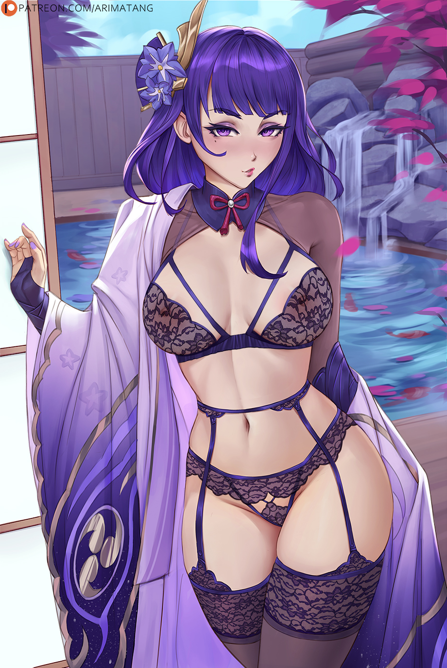 1girls arimatang belly_button bra curvy curvy_figure female female_only garter_belt genshin_impact hair_ornament large_breasts lingerie mole mole_under_eye nail_polish panties purple_eyes purple_hair raiden_shogun solo thick thick_thighs thighhighs underwear voluptuous