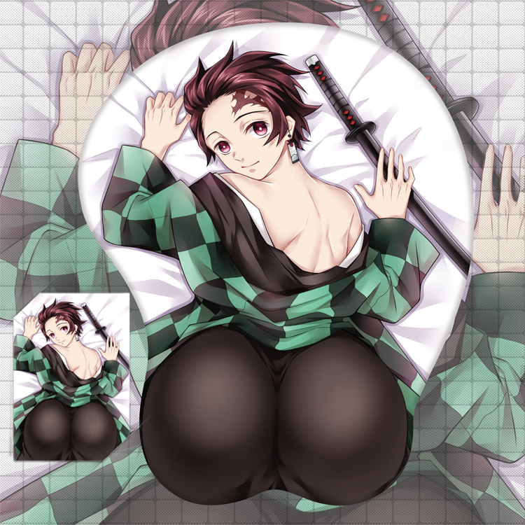 1boy, ass, ass focus, back view, big ass, black legwear, brown hair, bubble ass, bubble butt, checkered, demon slayer, earrings, erspace, facial mark, femboy, fully clothed, haori, huge ass, kamado tanjirou, kimetsu no yaiba, large ass, looking at viewer, looking back, male, male only, mousepad, on stomach, pink eyes, plump ass, red hair, smile, smiling at viewer, solo, sword, tanjiro kamado