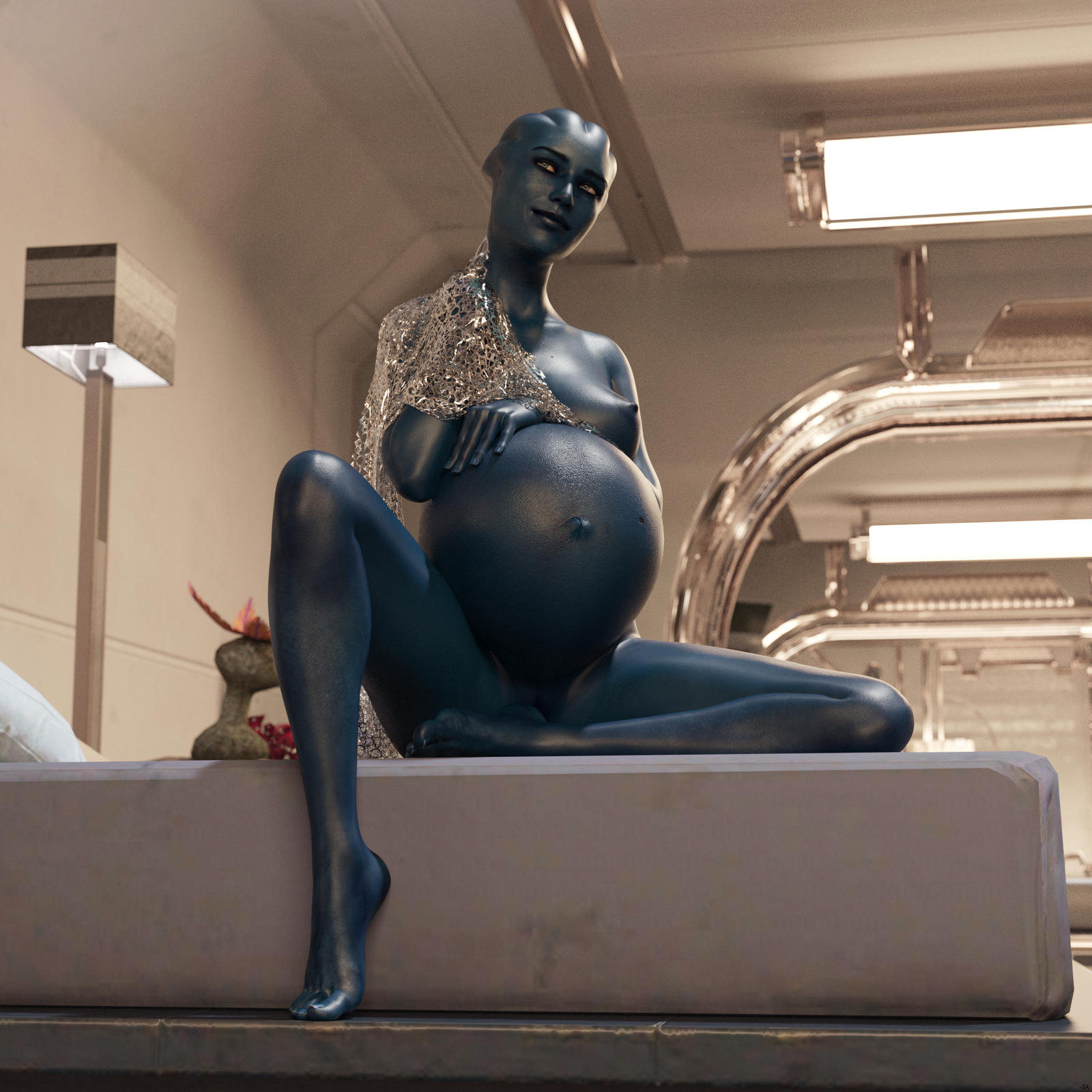 1girls, 3d, alien, asari, belly, big belly, blue skin, breasts, female, female only, hand on belly, mass effect, nipples, pregnant, silent-artist97, solo