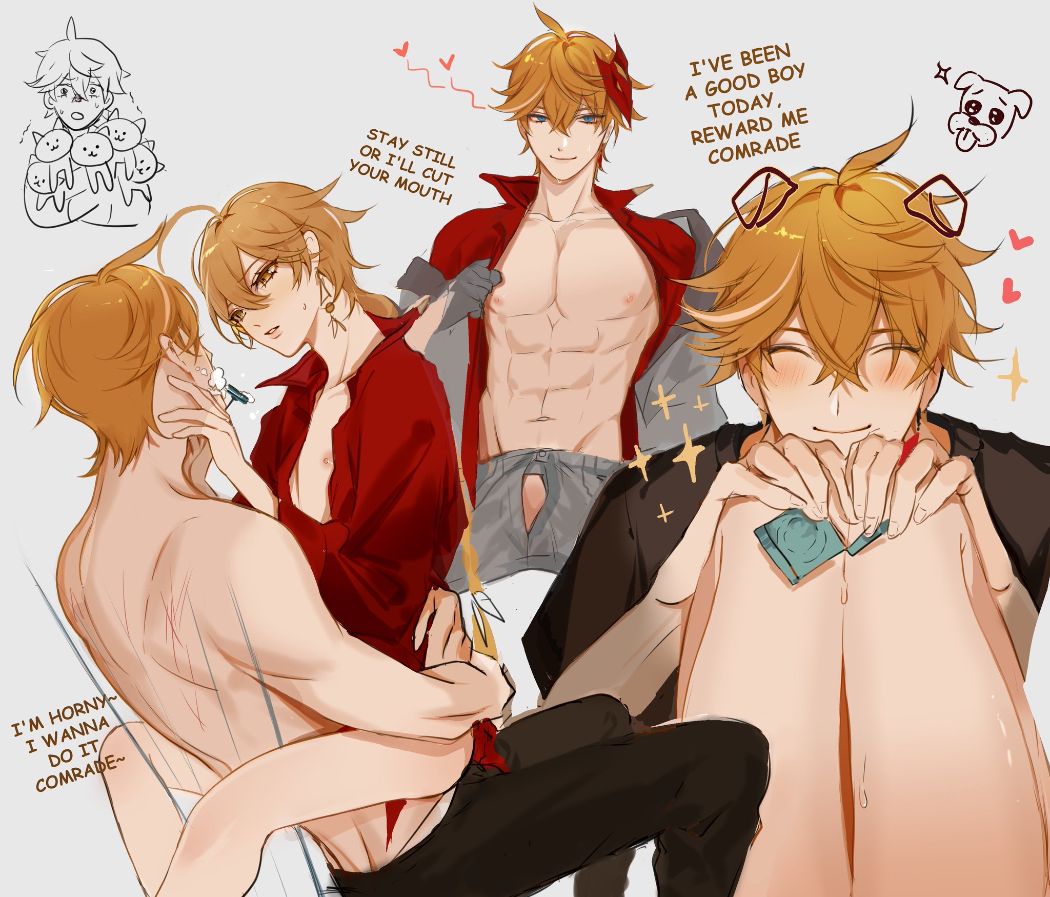 2boys, abs, adult, aether (genshin impact), blonde hair, blue eyes, blush, childe (genshin impact), condom, condom wrapper, earrings, english text, gay, genshin impact, ginger, male, masochism, master, master and servant, muscular, naked, nipples, orange hair, partially clothed, pnk crow, robe, servant, shirtless, tartaglia (genshin impact), yaoi