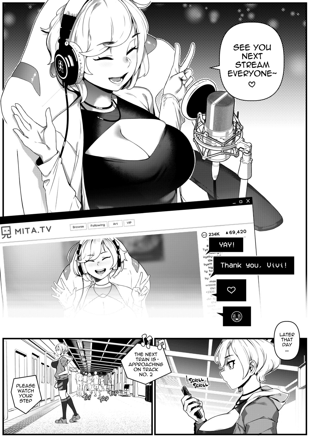 1girls, aurahack, big breasts, blonde, blonde female, blonde hair, blonde-haired female, breasts, chubby, english, english text, female, female focus, fully clothed, fully clothed female, in public, light skin, light-skinned female, livestream, no penetration, no sex, open jacket, peace sign, public, short hair, subway, twitch, vivi (aurahack)