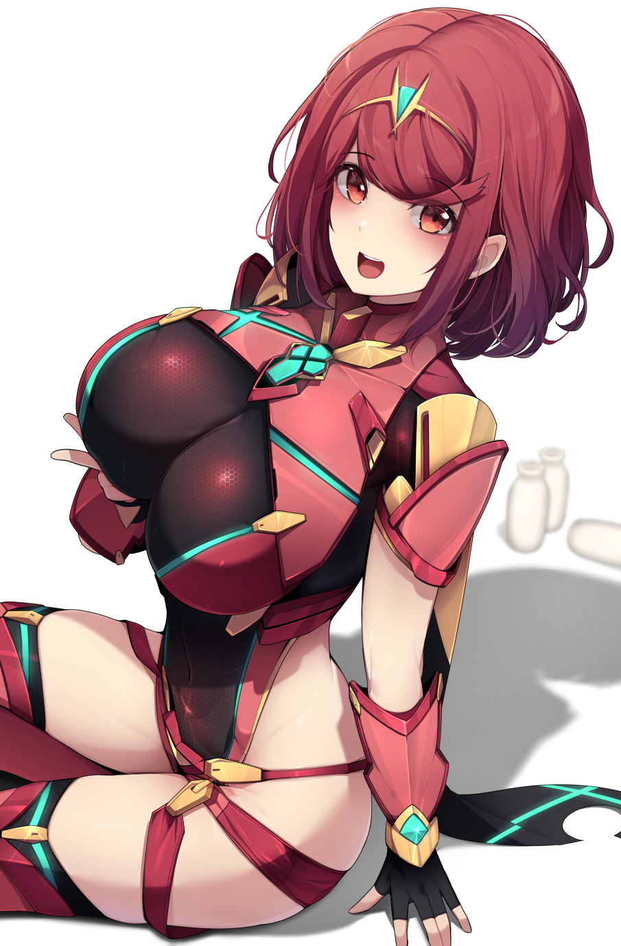 1girls, breasts, ddangbi, female, gloves, large breasts, pyra, red eyes, red hair, short hair, short shorts, shorts, solo, thighhighs, white background, xenoblade (series), xenoblade chronicles 2