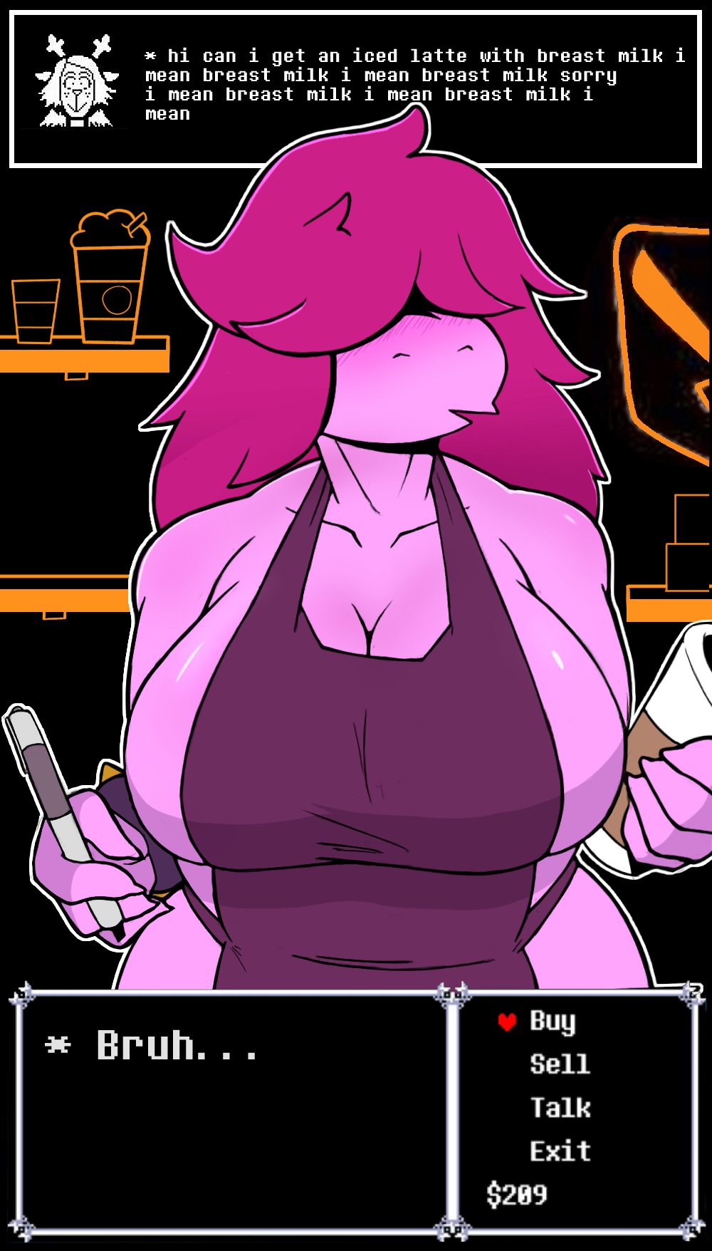 2girls, breasts, clothed, clothing, deltarune, dialogue, female, female only, iced latte with breast milk, meme, nude apron, partially clothed, psychogoat, solo focus, standing, susie (deltarune), text