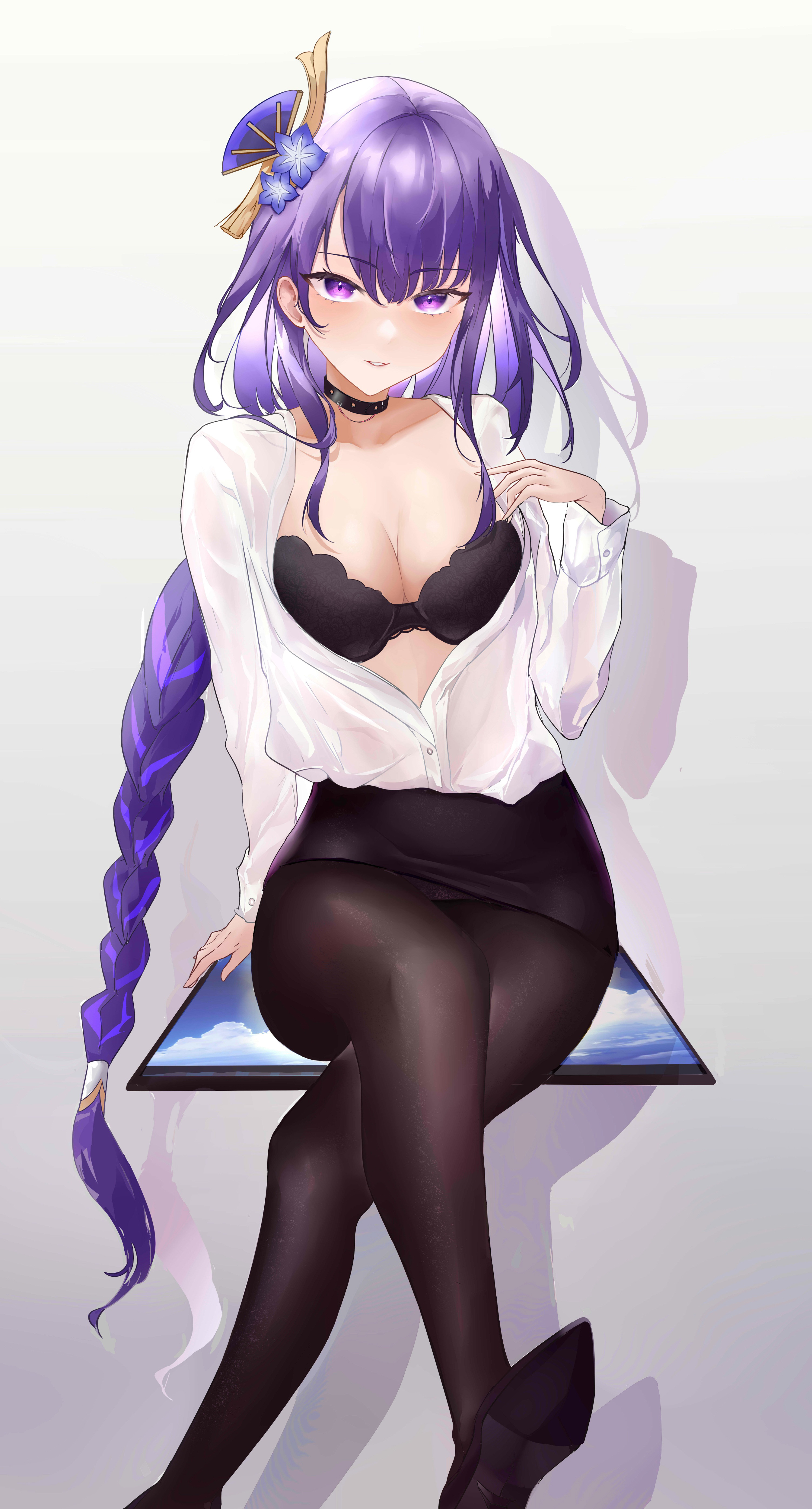 1girls, artist request, blush, bra, breasts, choker, female, genshin impact, large breasts, purple eyes, purple hair, raiden shogun, revealing clothes, thick thighs, thighs, tight clothing