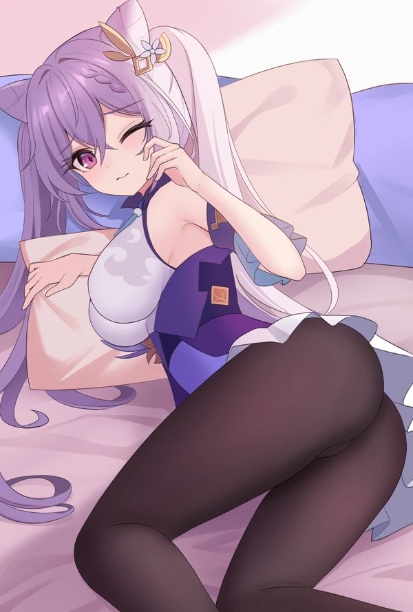 1girls, ass, blush, breasts, female, genshin impact, keqing (genshin impact), laying down, laying on bed, purple eyes, purple hair, thighs, tight clothing, tired, twintails