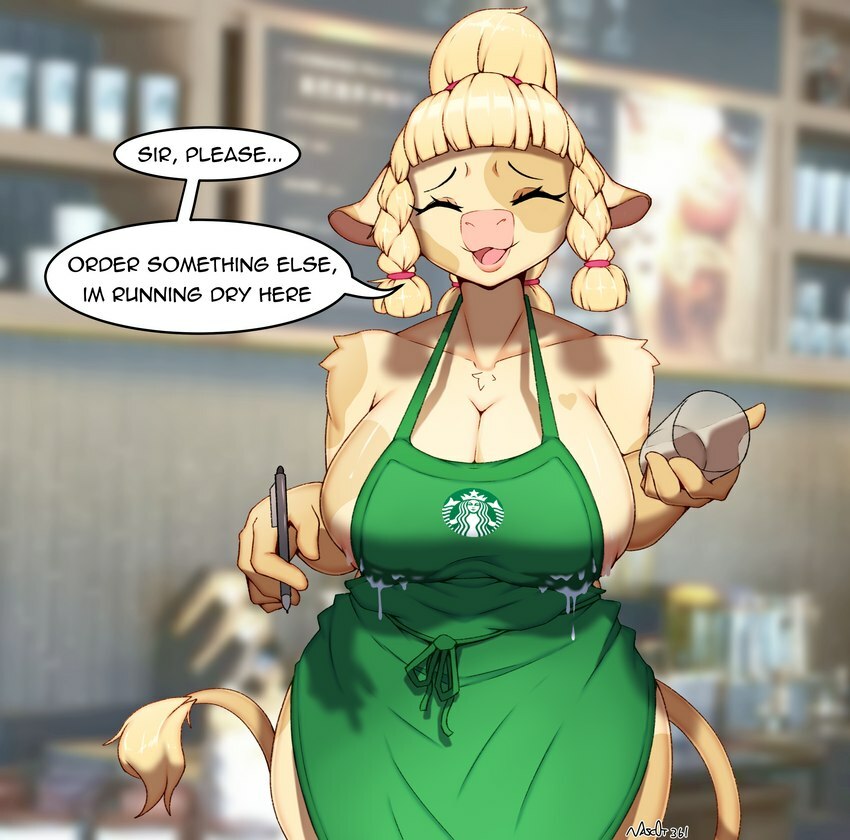 anthro, apron, big breasts, breasts, busty, cow girl, female, hourglass figure, iced latte with breast milk, large breasts, meme, nude apron, sideboob, tagme, waitress, waitress uniform, wide hips