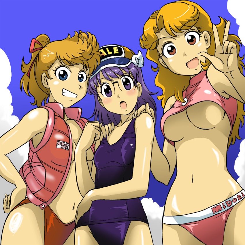 2008 3girls age_difference akane_kimidori android arale_norimaki bikini blonde_hair breasts curvy dr._slump female glasses hat human jacket large_breasts light-skinned_female light_skin long_hair looking_at_viewer mature midori_yamabuki milf mother navel open_mouth ponytail purple_hair robot short_hair swimsuit takaya_n teacher teacher_and_student trio underboob