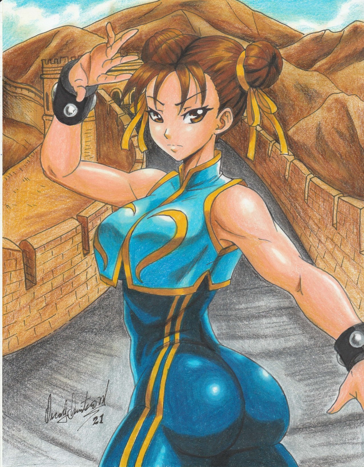 1girls, 2021, ass, bare arms, big ass, big butt, brown eyes, brown hair, bubble ass, bubble butt, capcom, chun-li, female, muscular, muscular female, pencil (artwork), ravern clouk, solo, solo female, street fighter, tagme, thick, thick ass