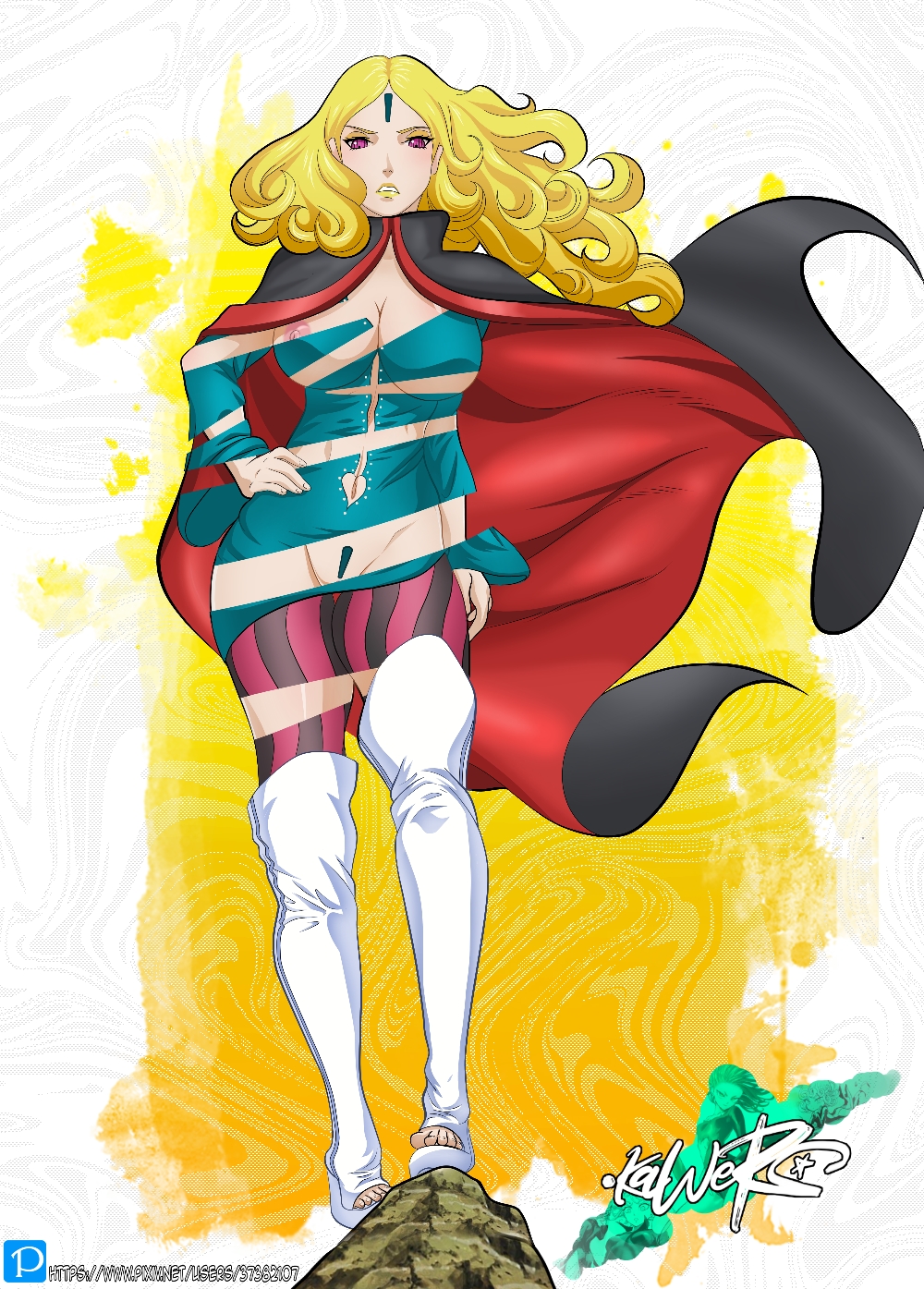 1girls, blonde hair, boots, boruto: naruto next generations, cape, clothed female, clothing, delta (boruto), dress, eyeshadow, feet, female, female only, footwear, functionally nude, hand on waist, kaw3r, lipstick, looking at viewer, makeup, naked, naruto, naruto (series), nipple slip, no underwear, open toe shoes, pants, pink eyes, pussy, rock, see-through, see-through clothing, thigh boots, toes, wide hips, yellow hair