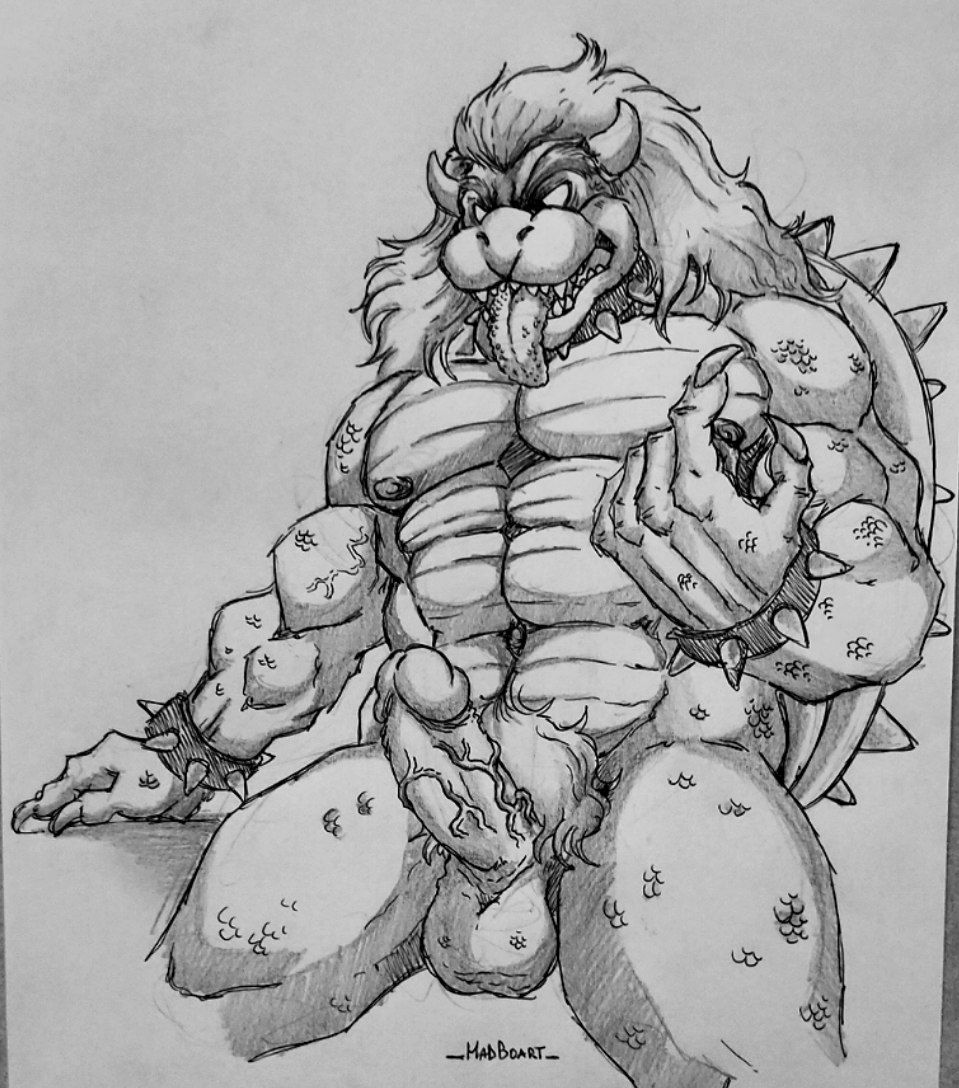 anthro_only balls bowser erection genitals koopa madboart male male_only mario_(series) monochrome muscular nintendo nipples penis scalie solo tongue tongue_out video_games