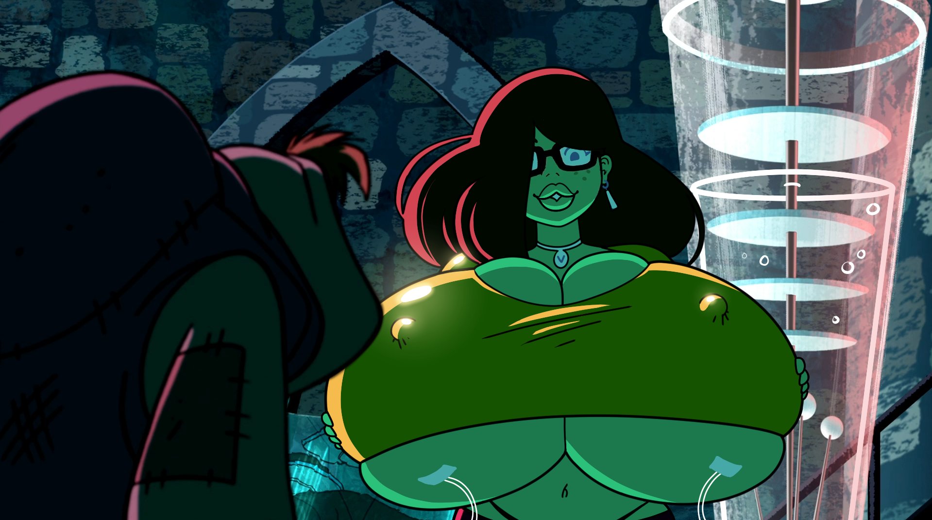 1boy, 1girls, accurate art style, areolae, big breasts, bimbo, breasts, brown hair, bursting breasts, cleavage, crop top, edit, edited, edited screencap, erect nipples, female, female focus, glasses, hanna-barbera, huge breasts, large breasts, long hair, male, navel, necklace, nerd, nerdy bimbo, nerdy female, nipples, scooby-doo, screenshot edit, tagme, tight clothing, underboob, velma dinkley, woot