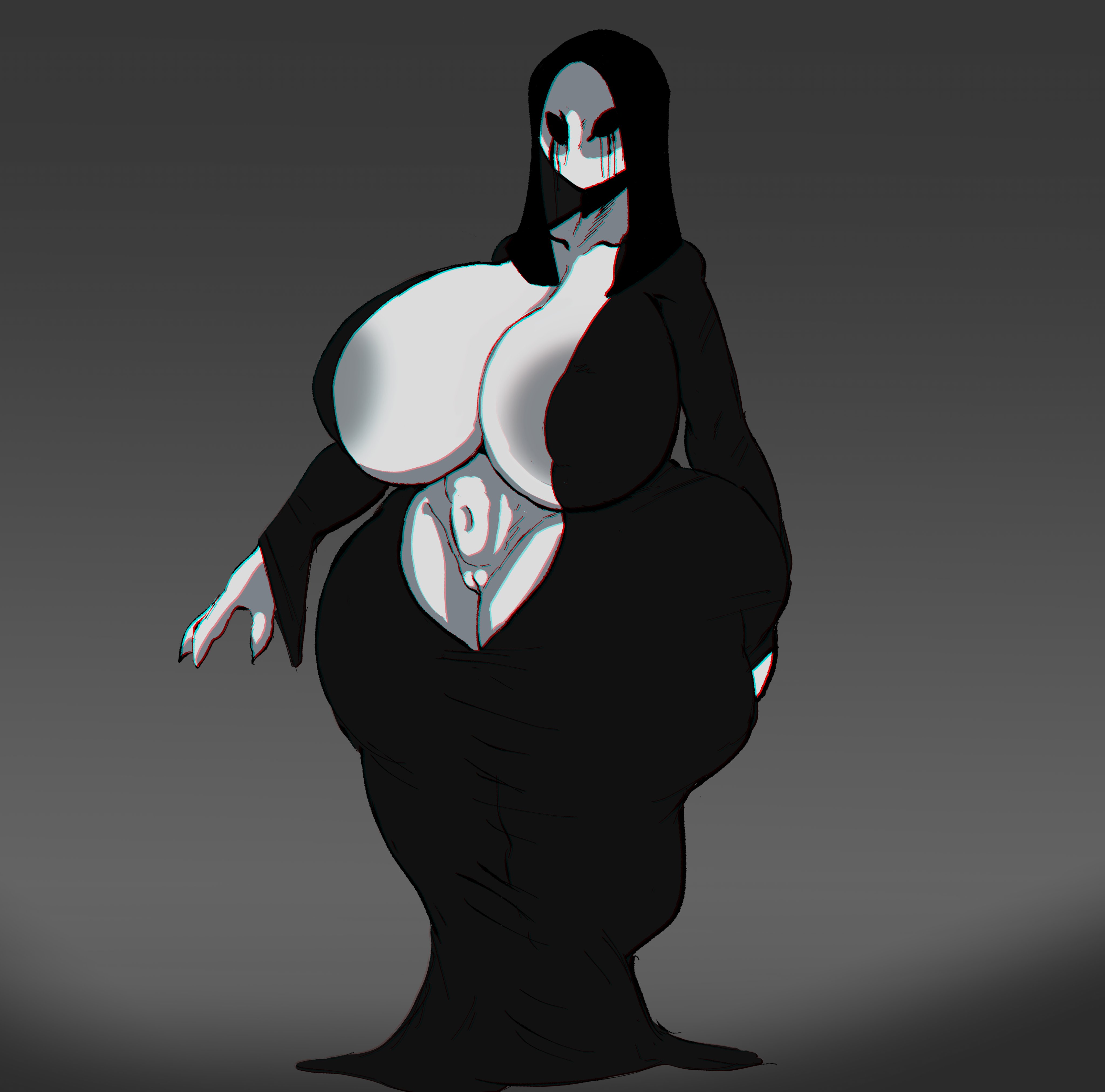 1girls, areolae, ass, big ass, big breasts, breasts, clothed, clothing, dress, female, full body, ghost, ghost girl, huge ass, huge breasts, no mouth, partially clothed, pussy, repomorame, seductive, solo, standing