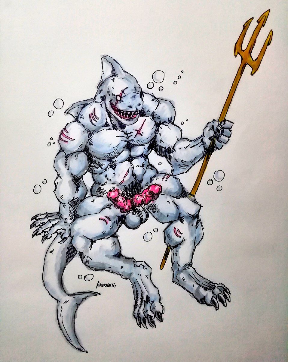 anthro balls bubble diphallia diphallism erection fish genitals hi_res madboart male male_only marine melee_weapon multi_genitalia multi_penis muscular penis polearm shark solo trident underwater water weapon