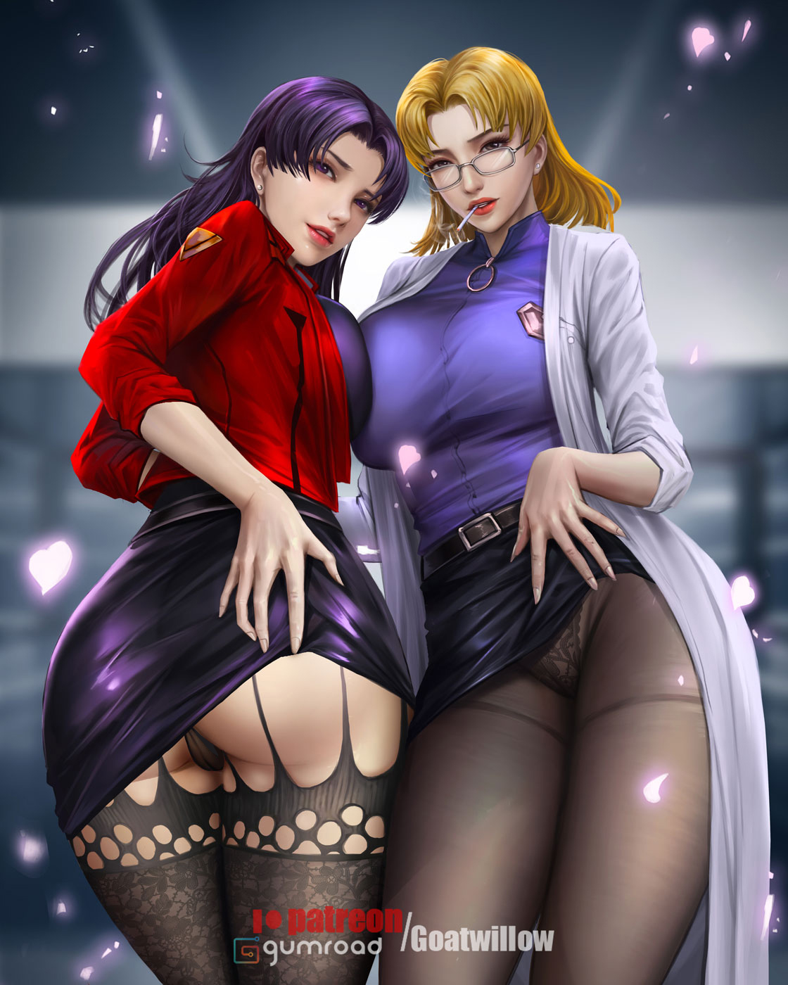 2girls, ass, blonde, blonde hair, breasts, clothed, clothing, female, female only, glasses, goatwillow, large breasts, milf, misato katsuragi, multiple females, multiple girls, neon genesis evangelion, panties, panties under pantyhose, pantyhose, purple hair, realistic, ritsuko akagi, skirt, skirt lift, slanted eyes, smoking, stockings, thick thighs, thighhighs